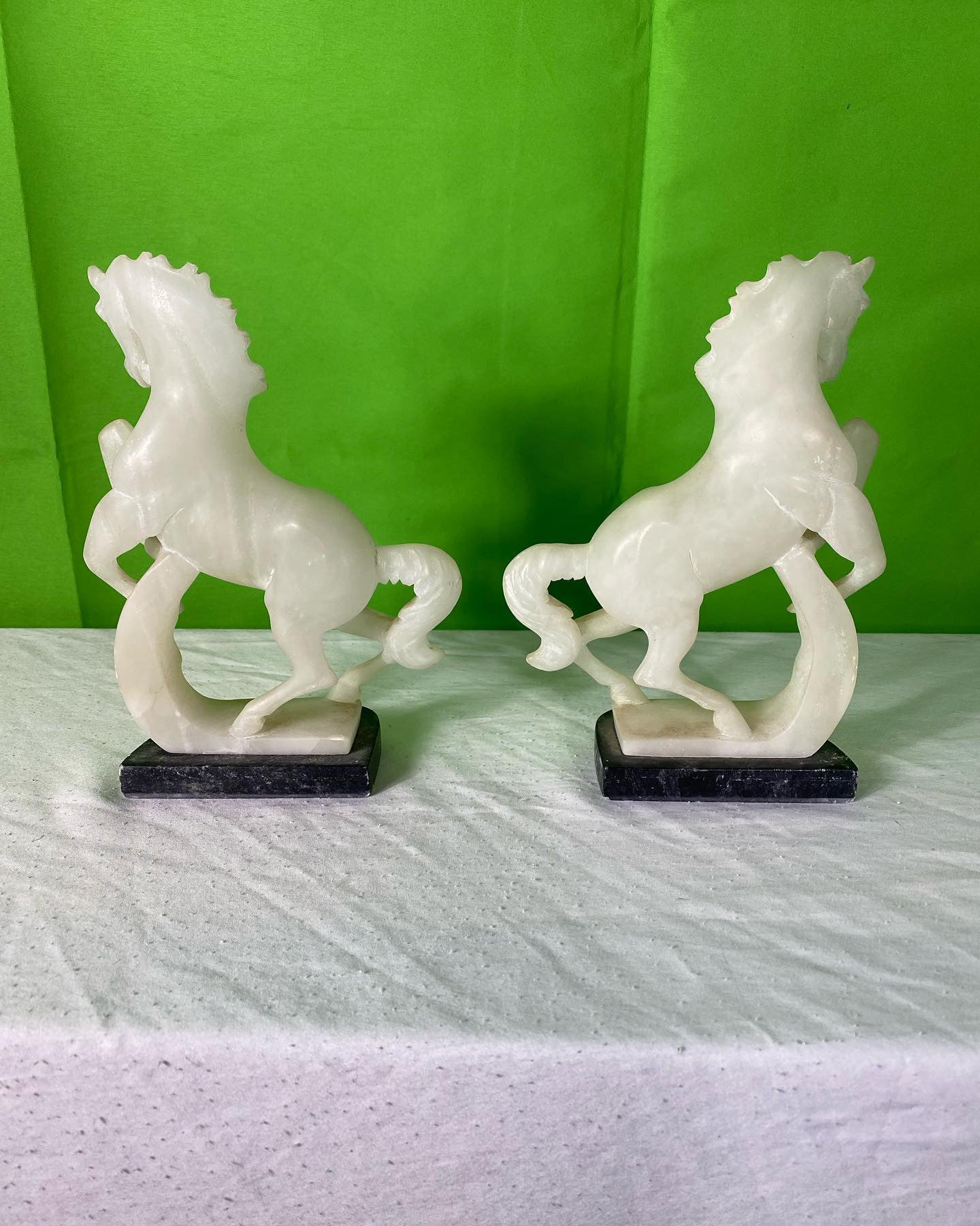 Pair Vintage Hand Carved Alabaster Stone Horse Bookends on Marble Bases