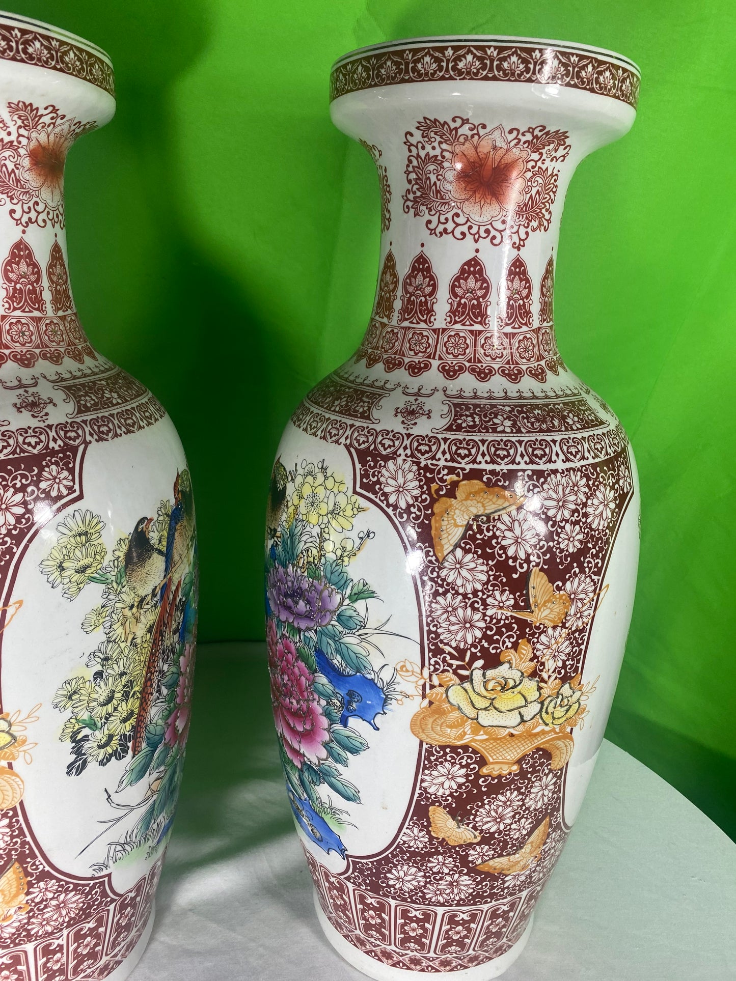 Two Very Large Asian Style Porcelain Vases With Peacocks