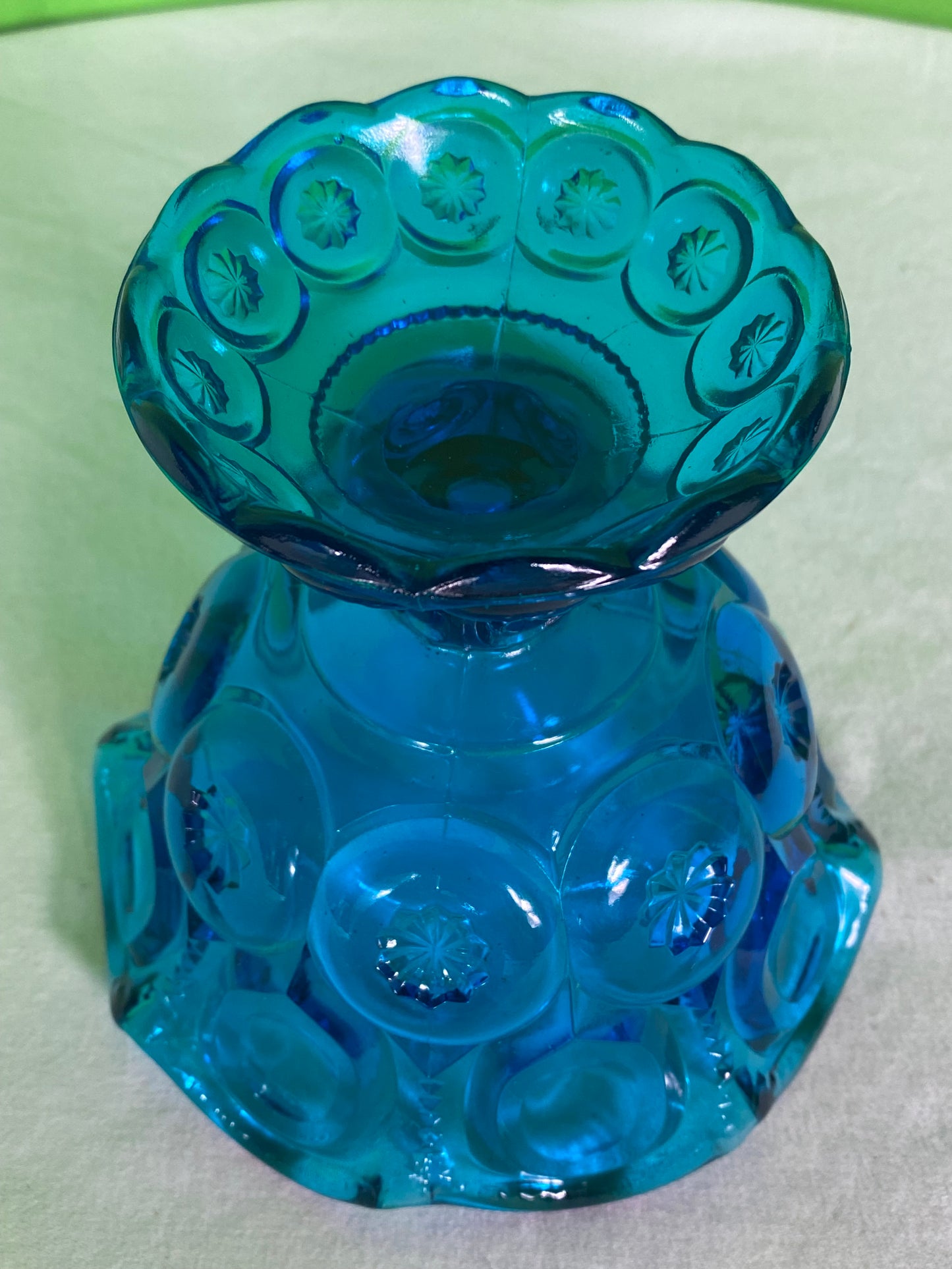 LE Smith Glass Moon And Stars Blue Round Ruffled Compote