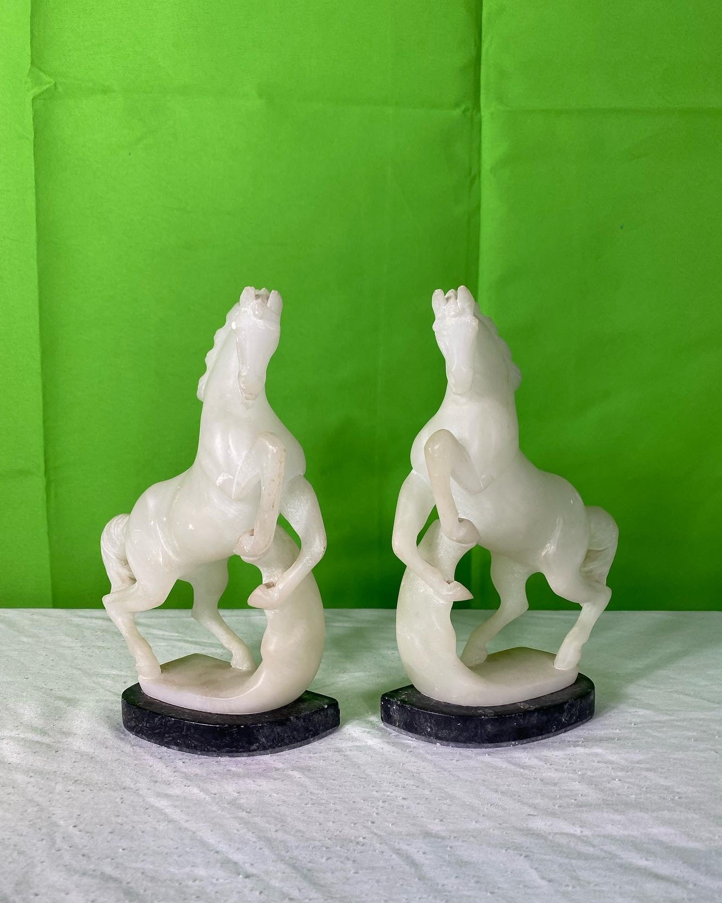 Pair Vintage Hand Carved Alabaster Stone Horse Bookends on Marble Bases