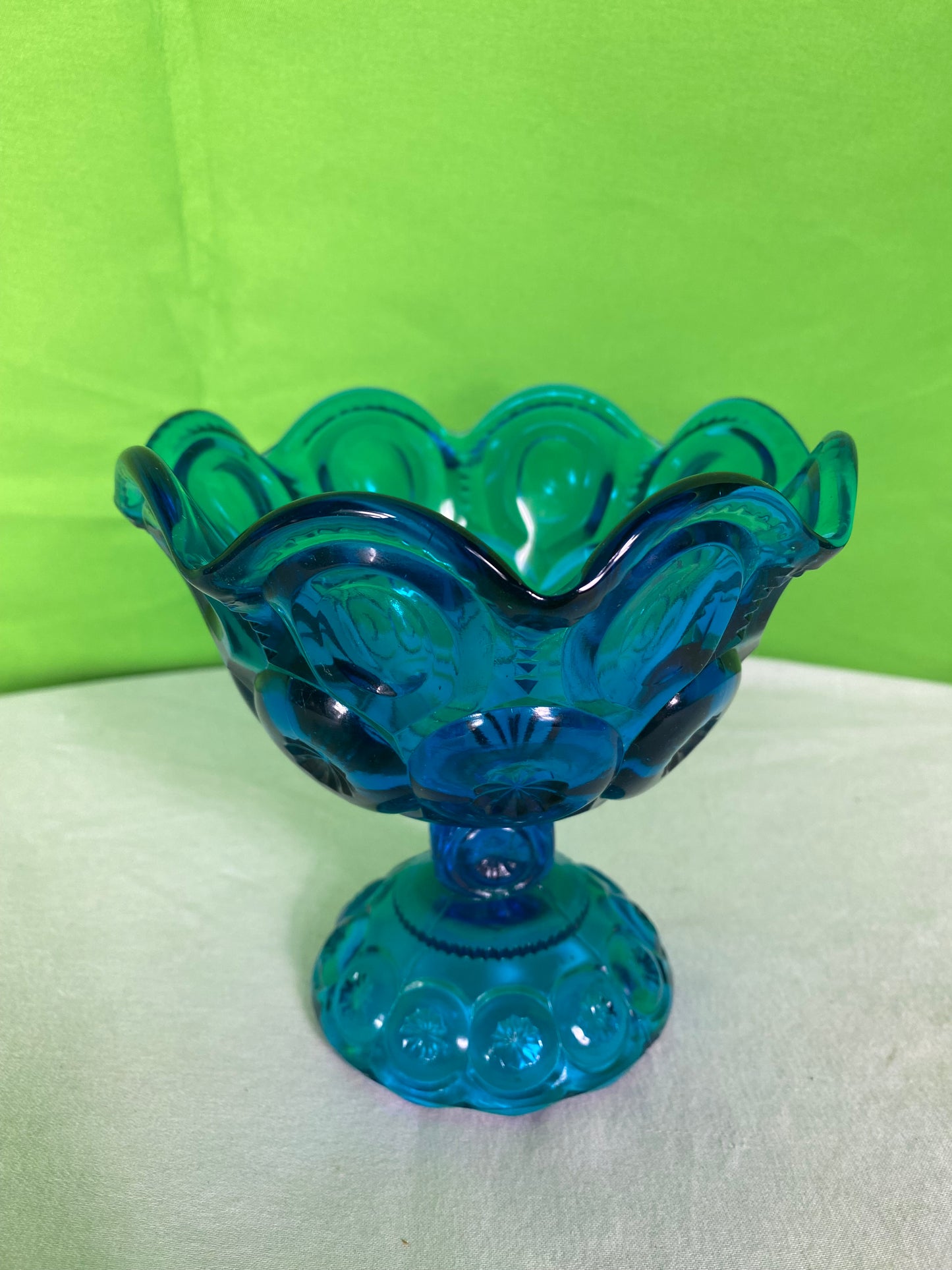 LE Smith Glass Moon And Stars Blue Round Ruffled Compote