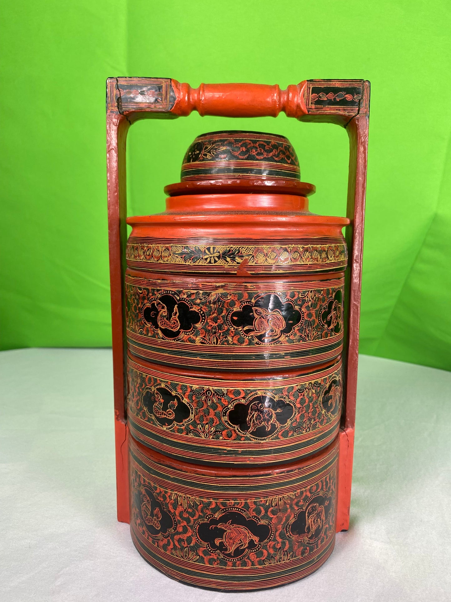 Vintage Red Finish Tibetan Wedding Basket with Detailed Lacquer