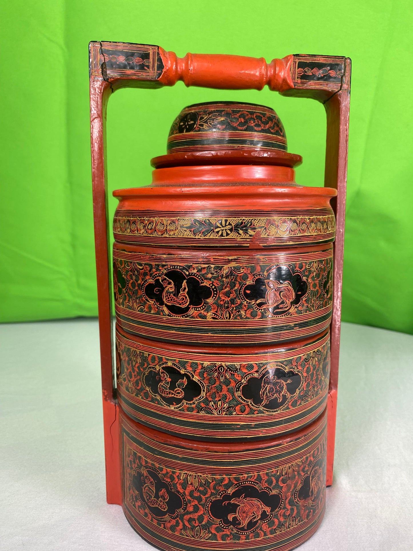 Vintage Red Finish Tibetan Wedding Basket with Detailed Lacquer