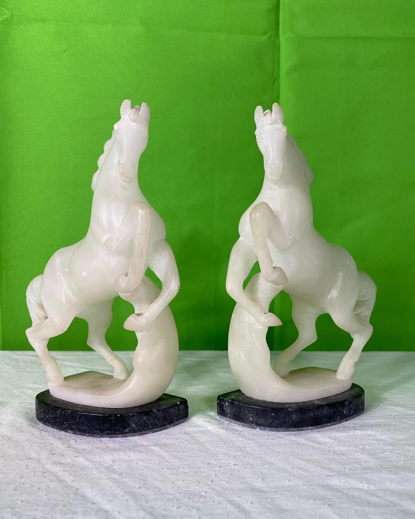 Pair Vintage Hand Carved Alabaster Stone Horse Bookends on Marble Bases