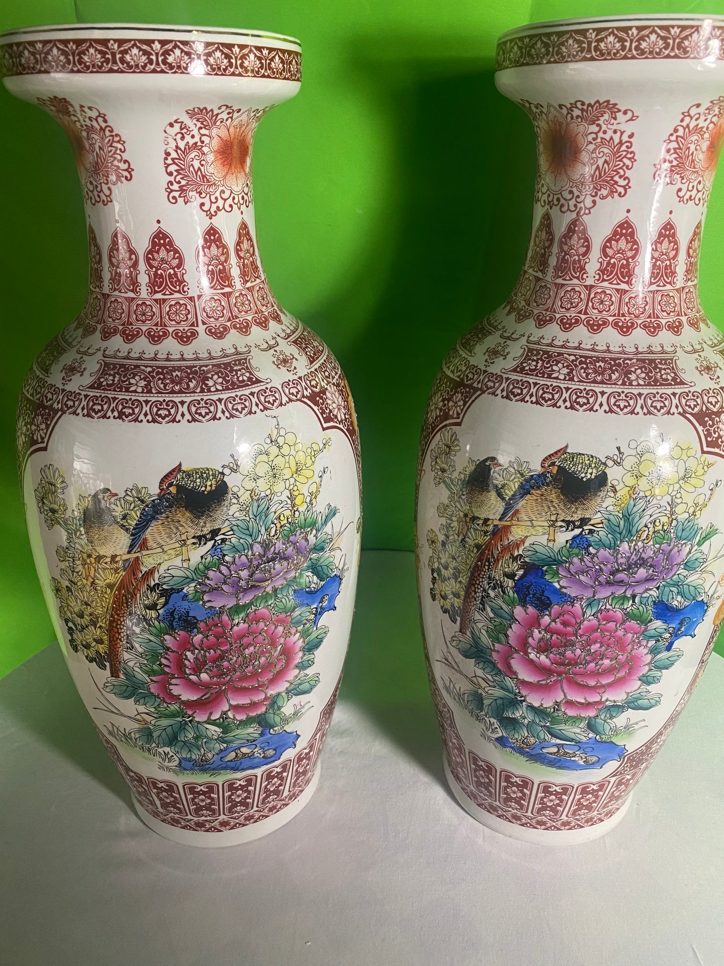 Two Very Large Asian Style Porcelain Vases With Peacocks