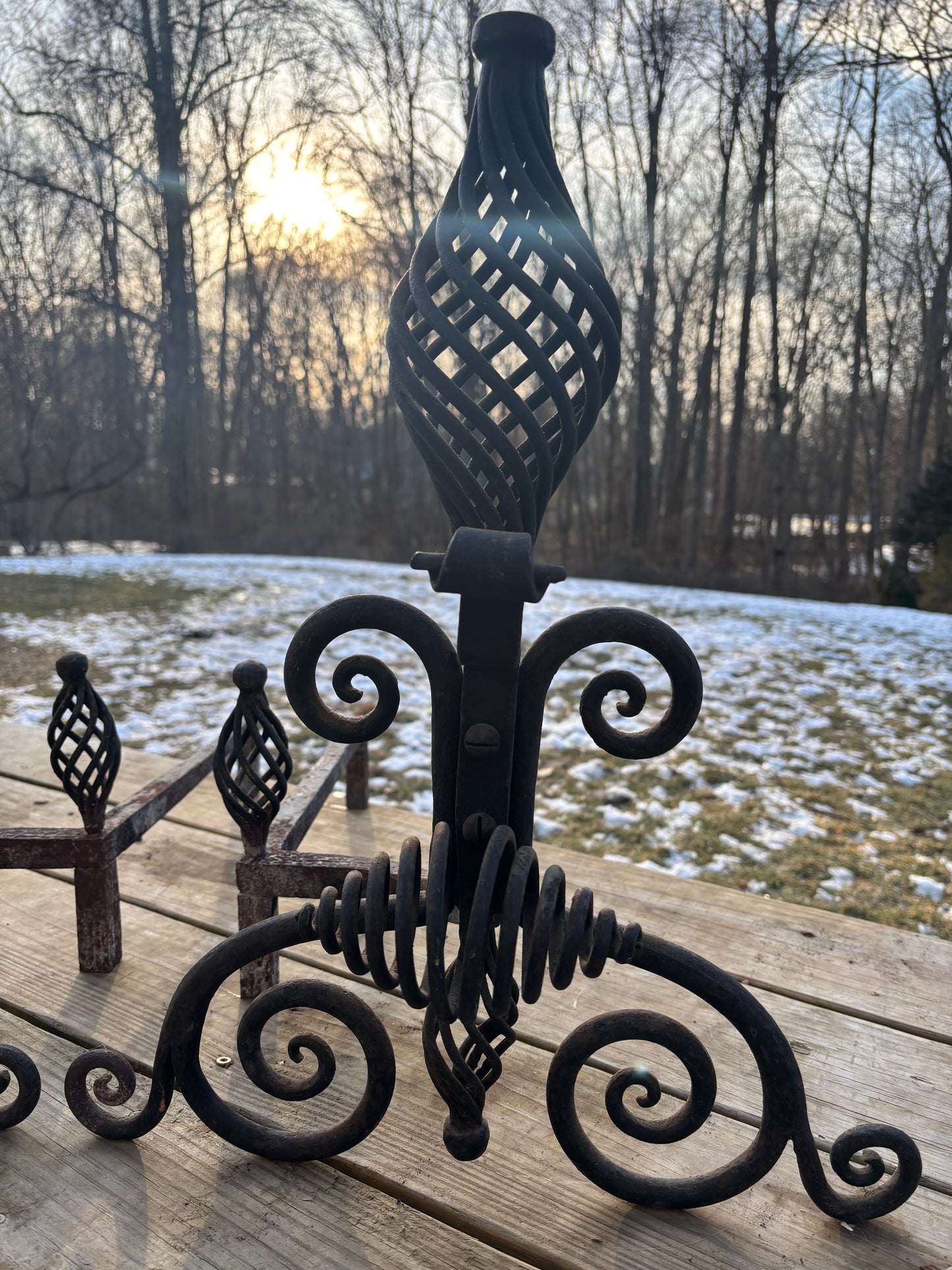 Pair of Vintage Andirons Hand Hammered Wrought Iron Spiral Finials