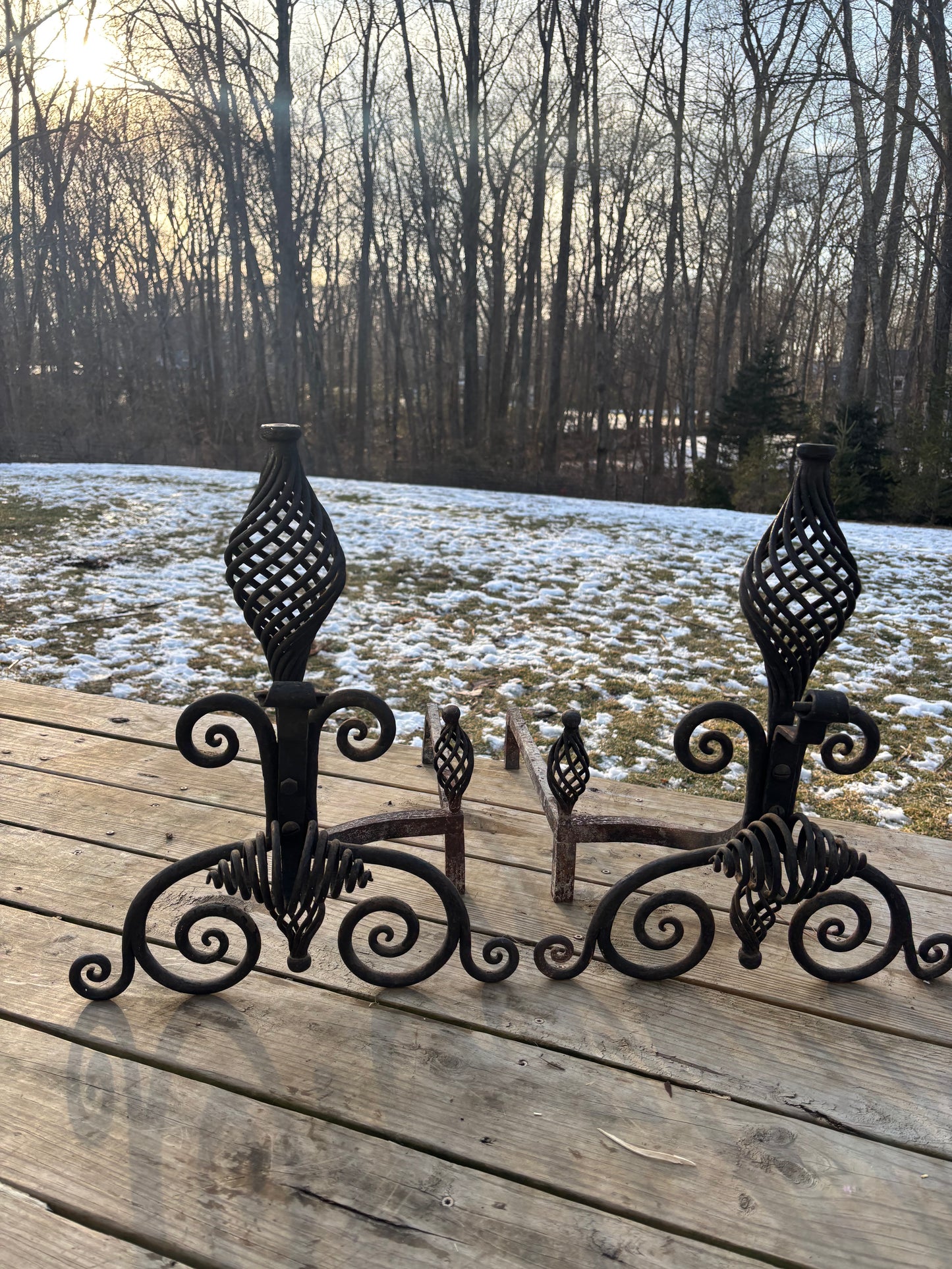 Pair of Vintage Andirons Hand Hammered Wrought Iron Spiral Finials