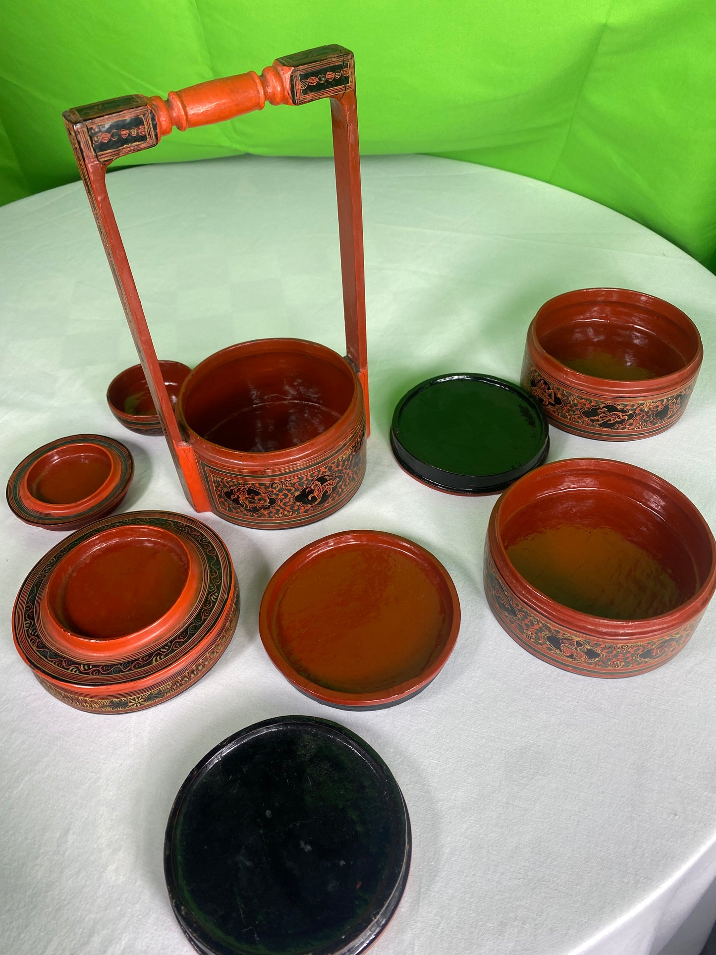 Vintage Red Finish Tibetan Wedding Basket with Detailed Lacquer