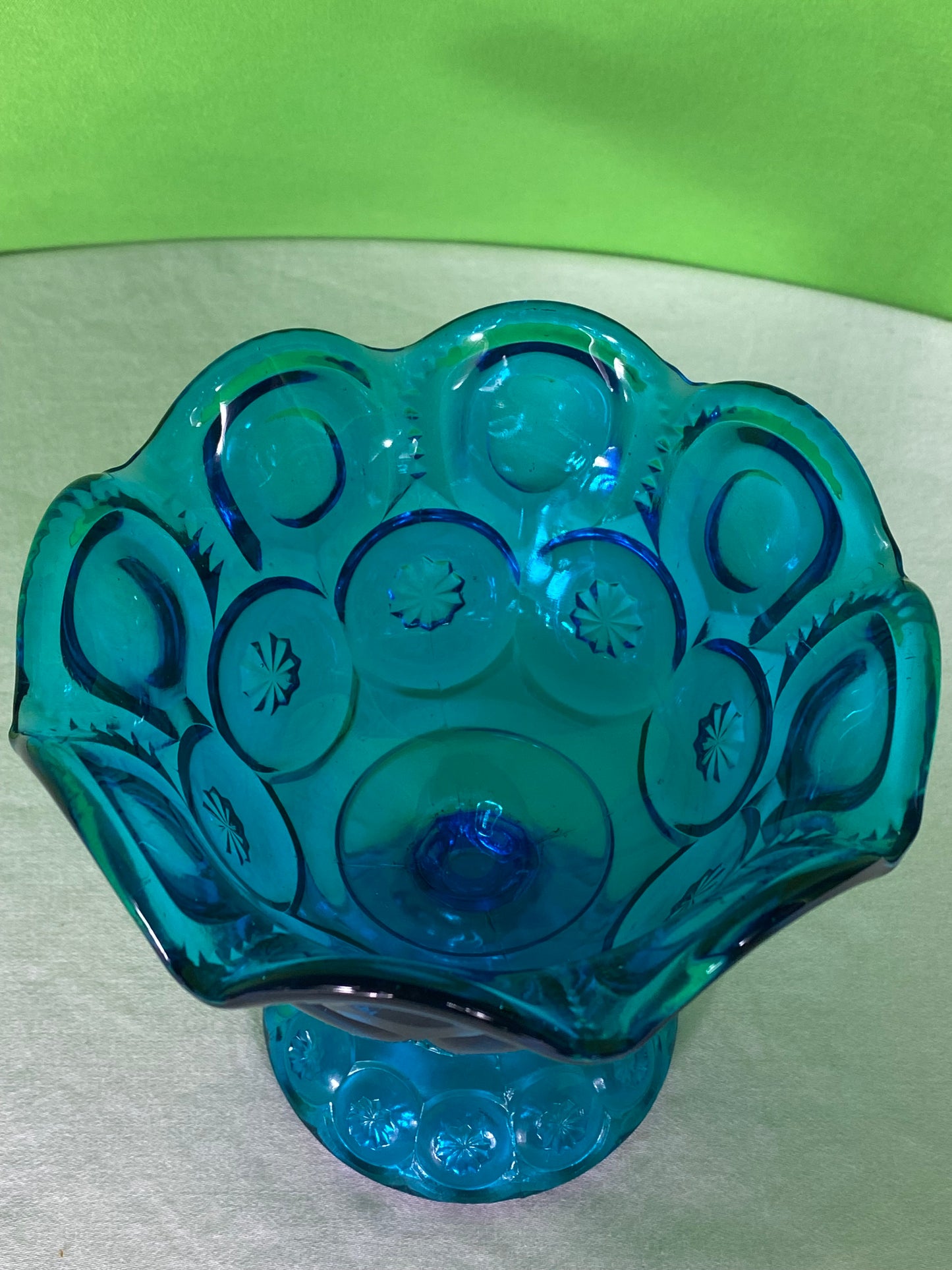 LE Smith Glass Moon And Stars Blue Round Ruffled Compote