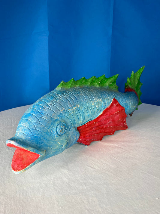 Large Colorful Hand Carved Wood Blue, Green, and Red Fish