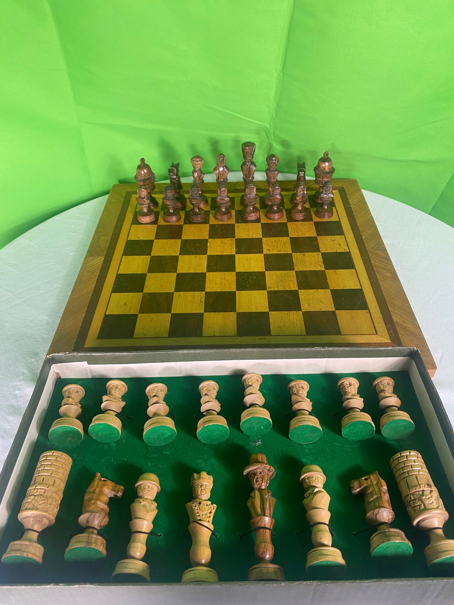 Incredible Vintage Chess Set - All Hand Carved Chess Set With Inlaid Chess Board