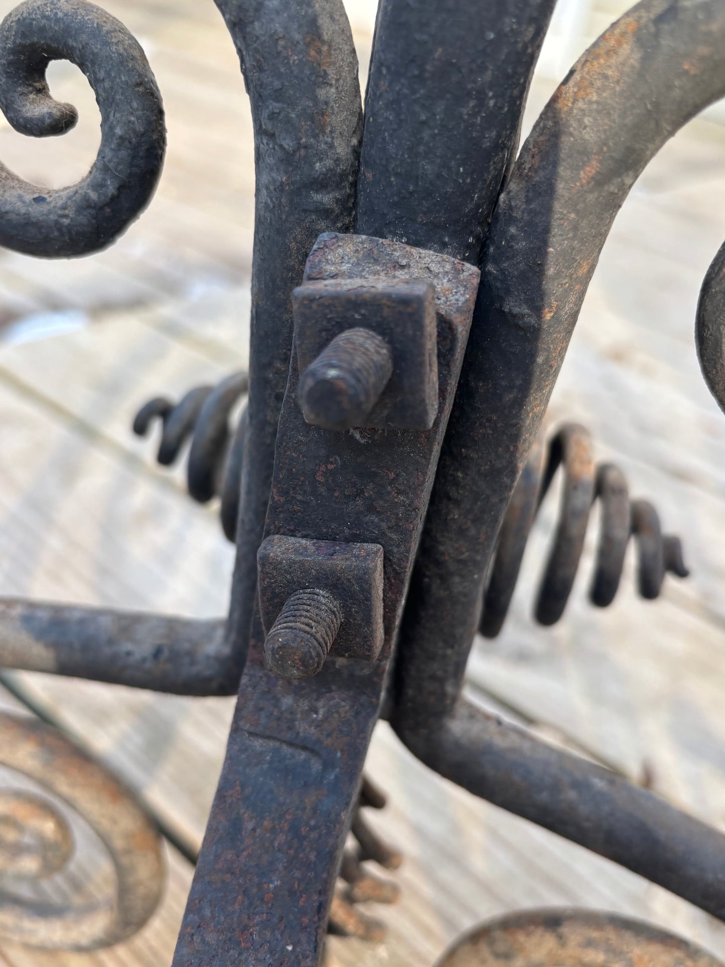 Pair of Vintage Andirons Hand Hammered Wrought Iron Spiral Finials