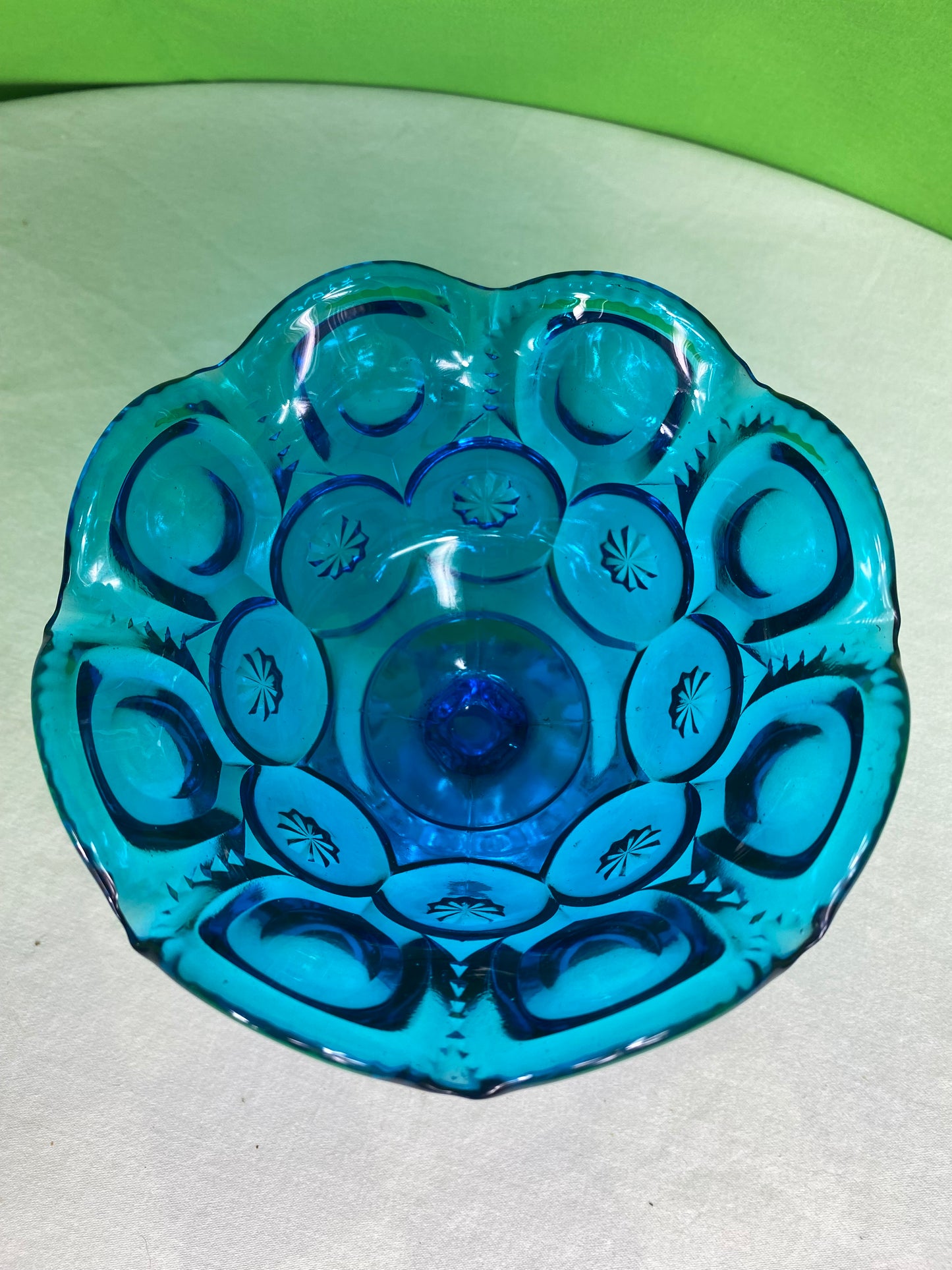 LE Smith Glass Moon And Stars Blue Round Ruffled Compote