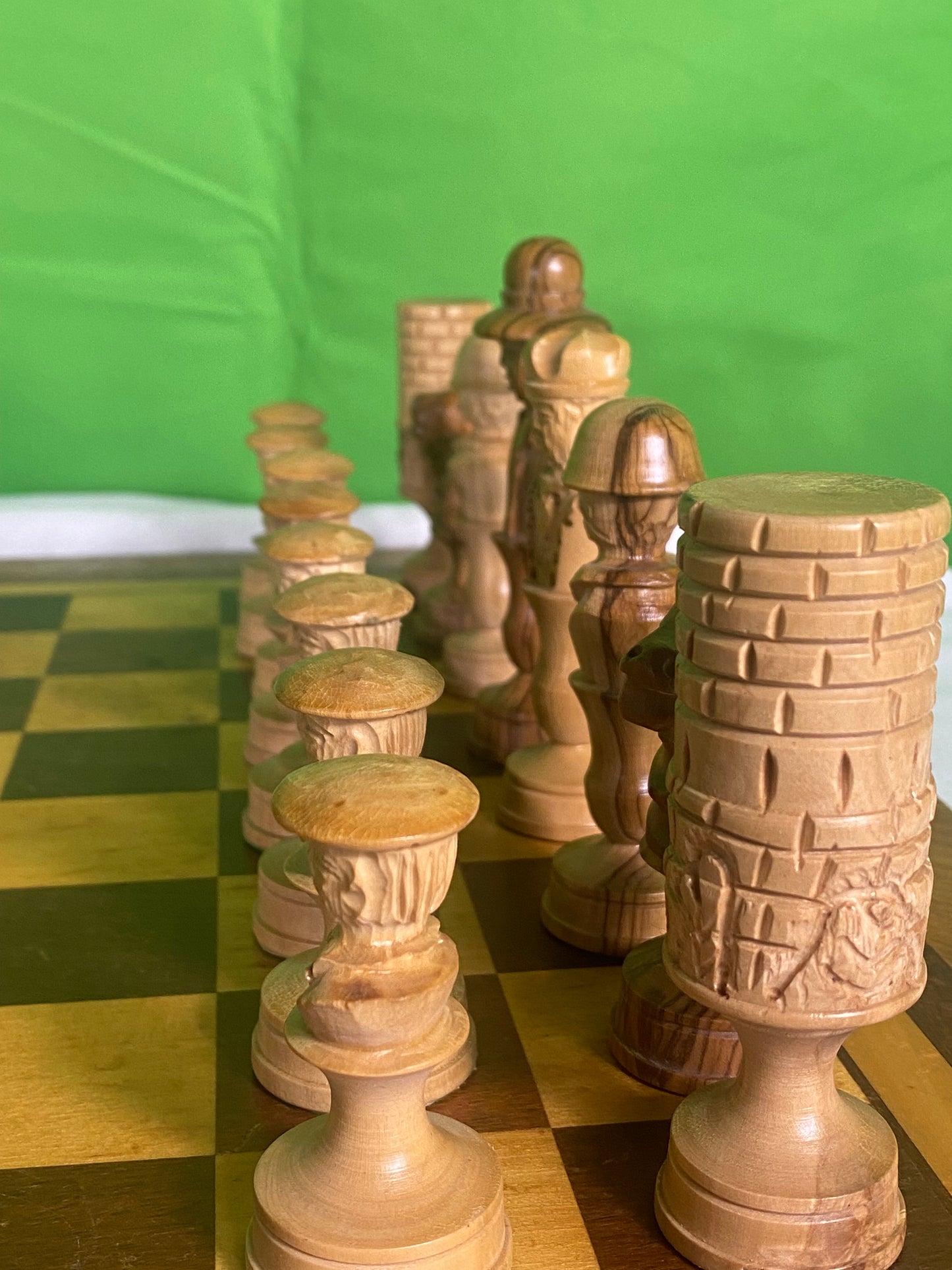 Incredible Vintage Chess Set - All Hand Carved Chess Set With Inlaid Chess Board