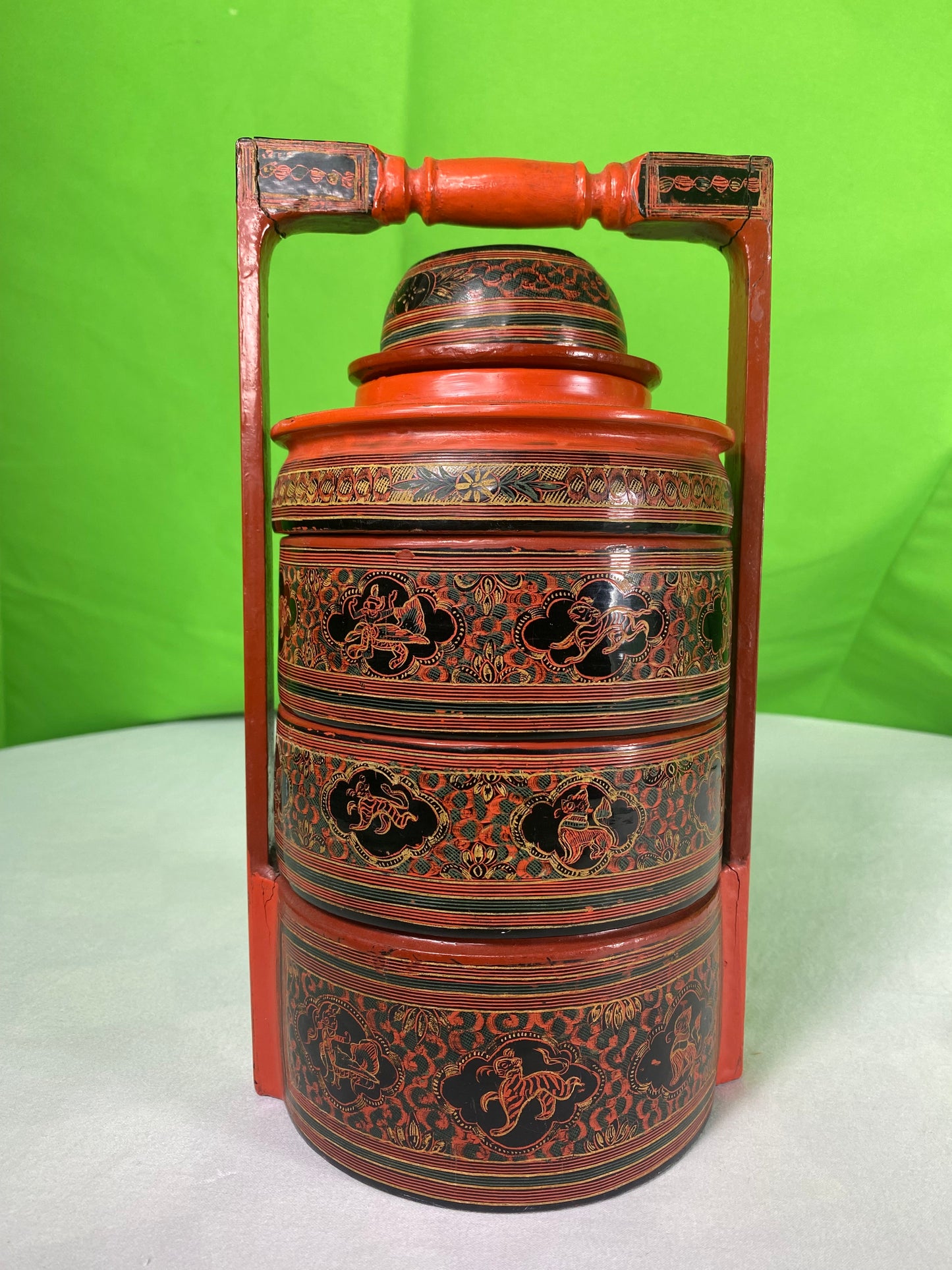 Vintage Red Finish Tibetan Wedding Basket with Detailed Lacquer