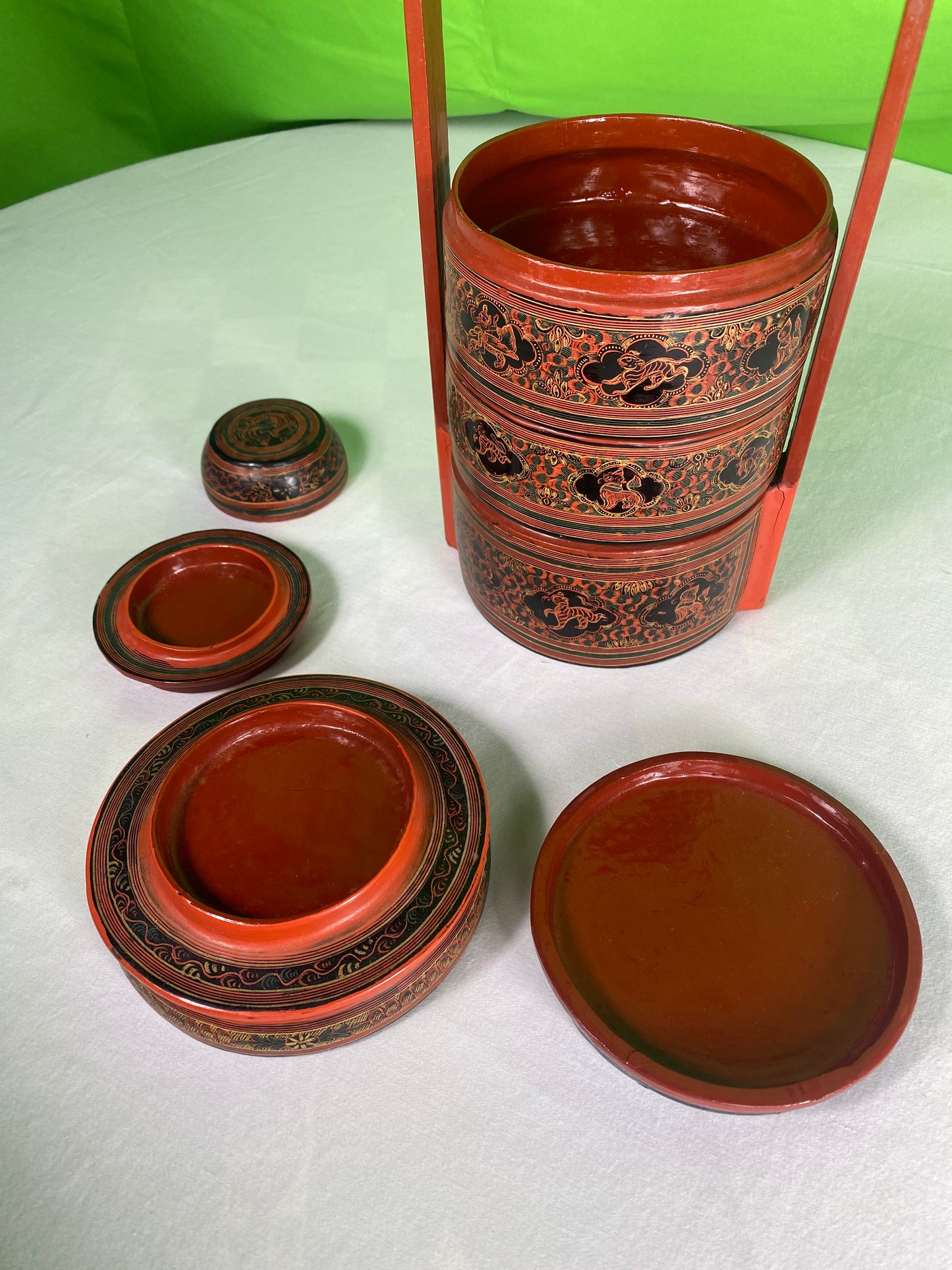 Vintage Red Finish Tibetan Wedding Basket with Detailed Lacquer