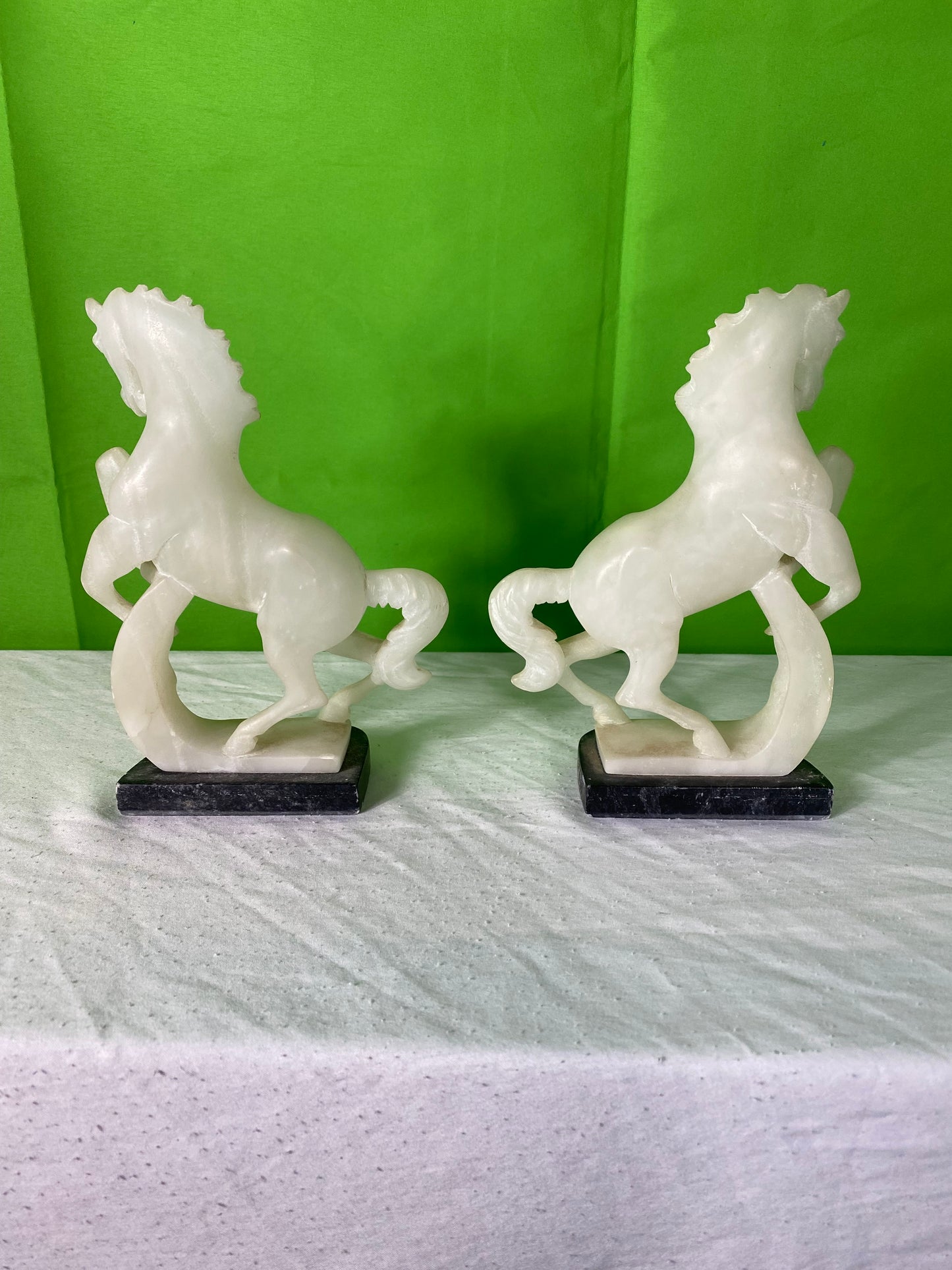 Pair Vintage Hand Carved Alabaster Stone Horse Bookends on Marble Bases