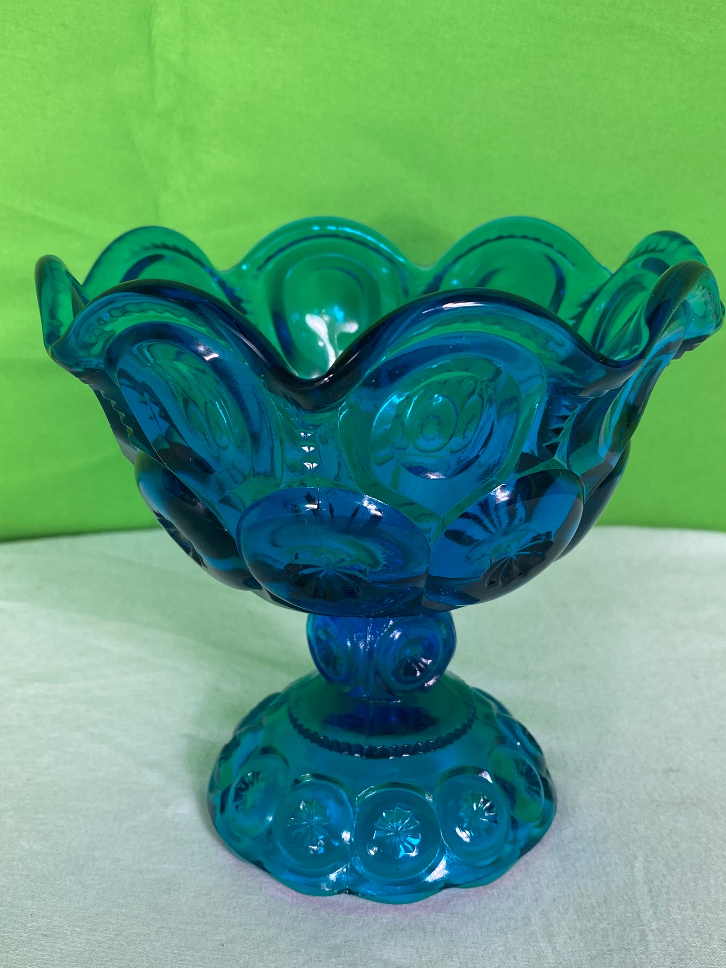 LE Smith Glass Moon And Stars Blue Round Ruffled Compote