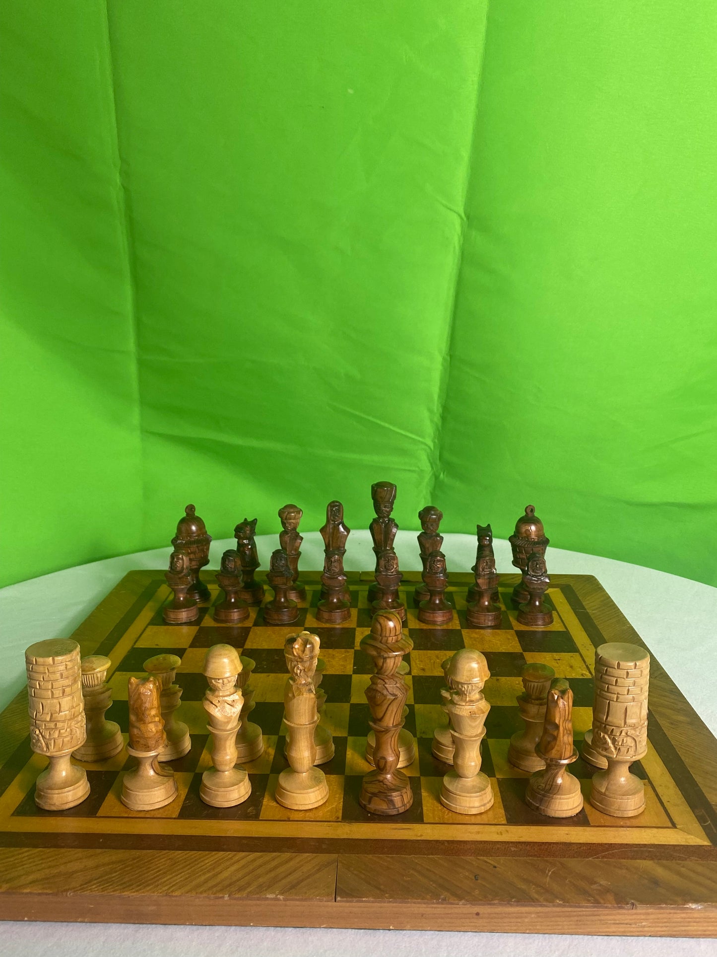 Incredible Vintage Chess Set - All Hand Carved Chess Set With Inlaid Chess Board