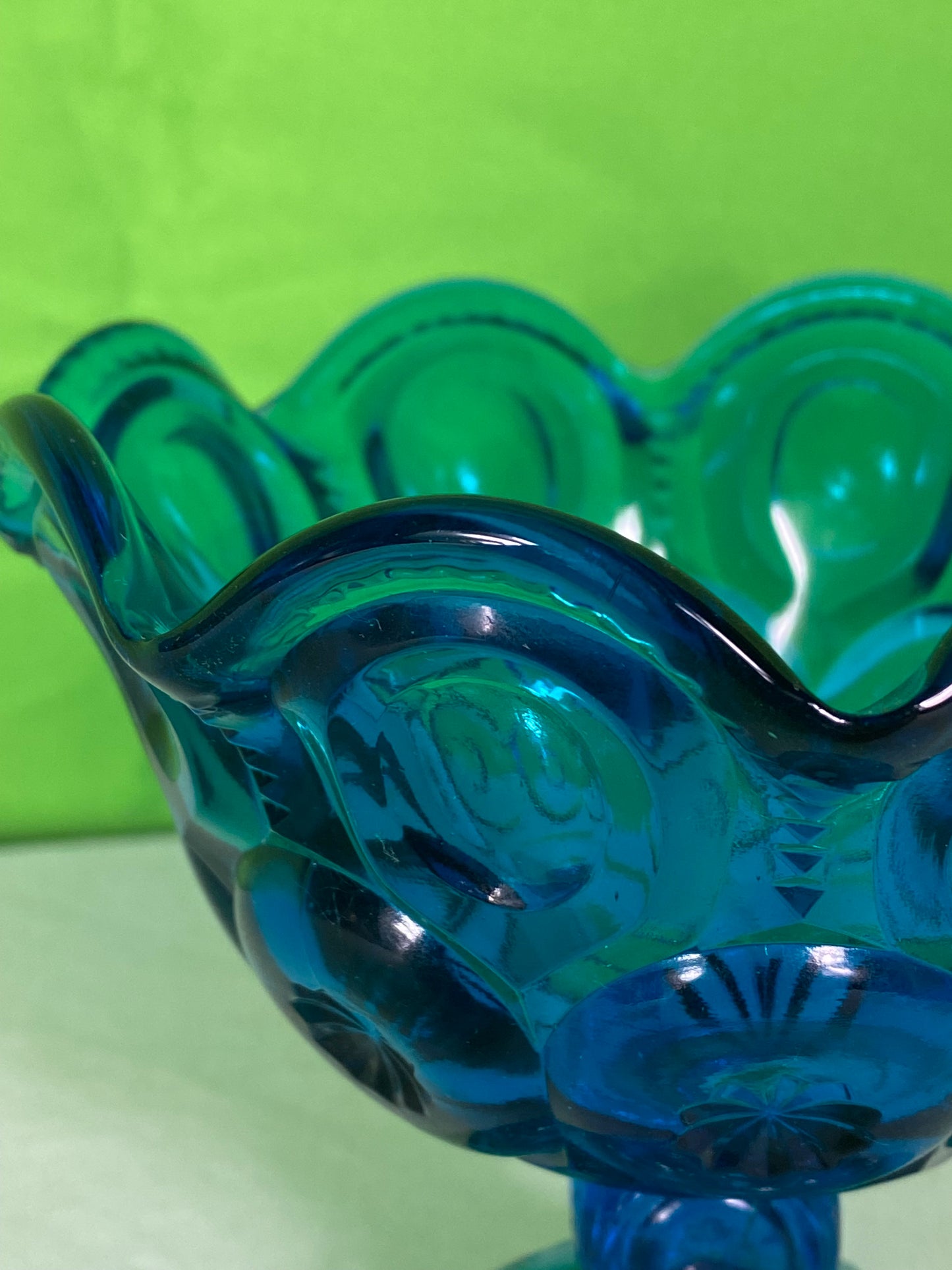 LE Smith Glass Moon And Stars Blue Round Ruffled Compote