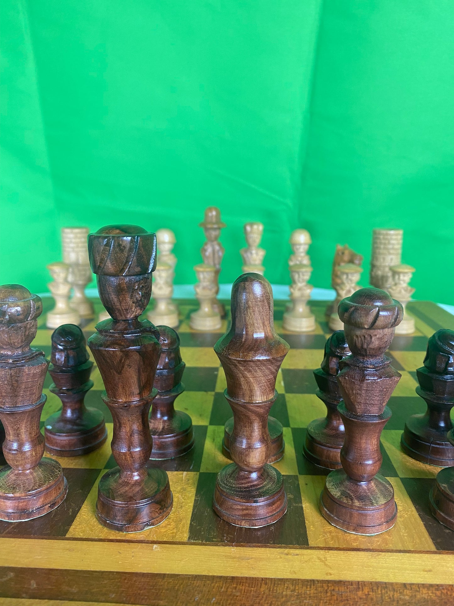 Incredible Vintage Chess Set - All Hand Carved Chess Set With Inlaid Chess Board