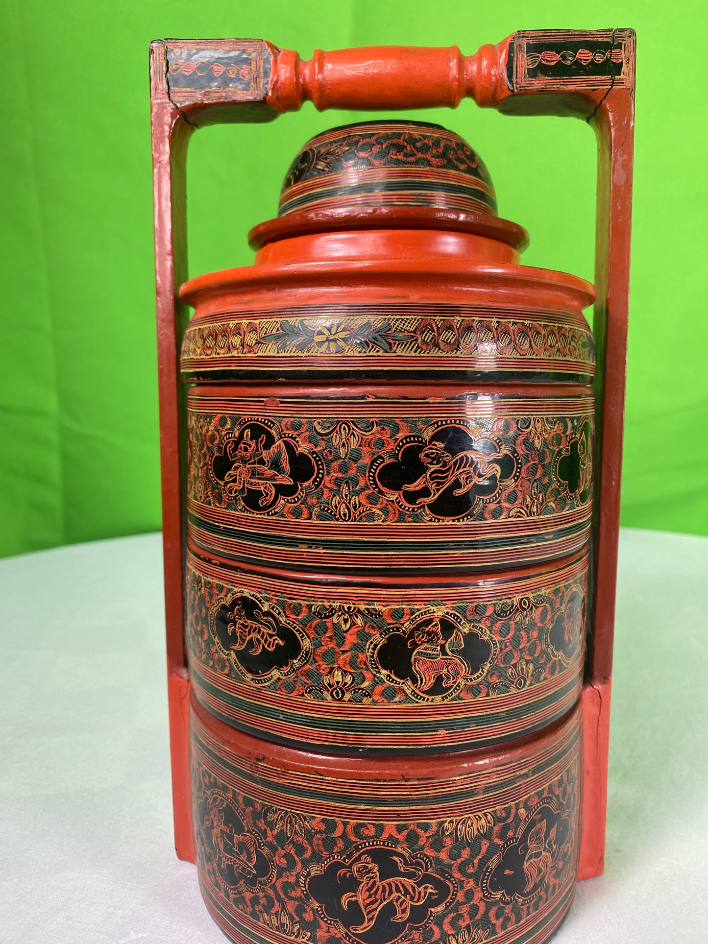 Vintage Red Finish Tibetan Wedding Basket with Detailed Lacquer