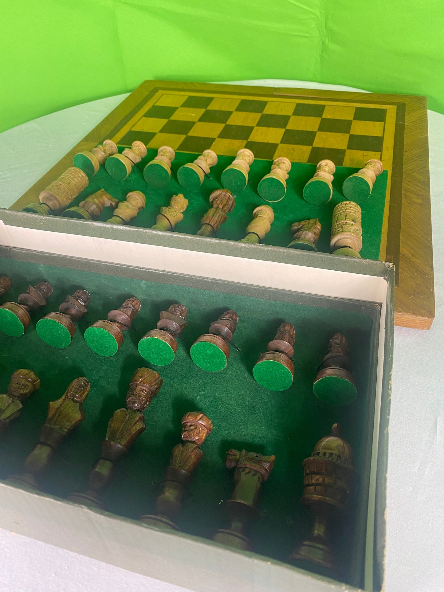 Incredible Vintage Chess Set - All Hand Carved Chess Set With Inlaid Chess Board