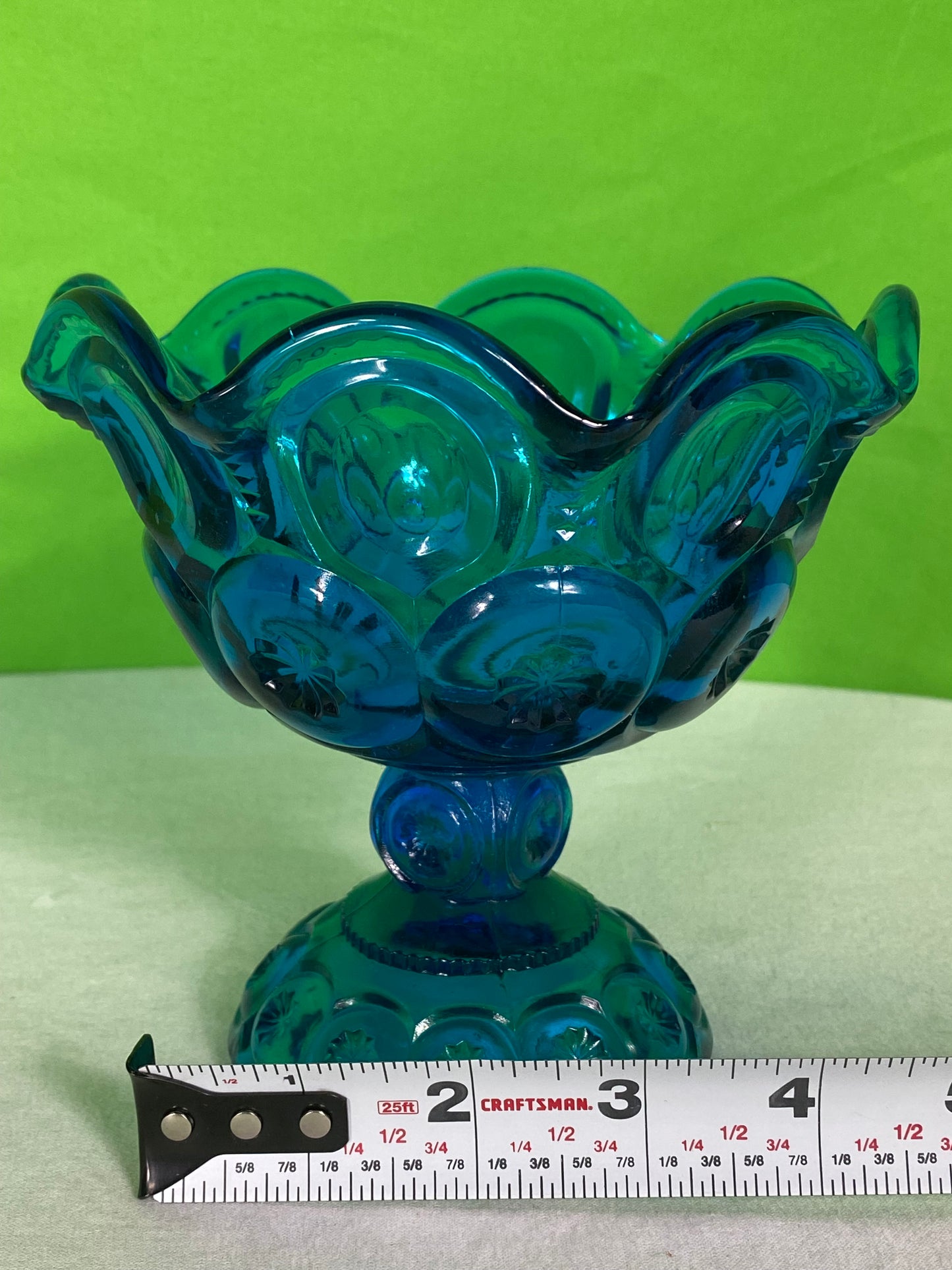 LE Smith Glass Moon And Stars Blue Round Ruffled Compote