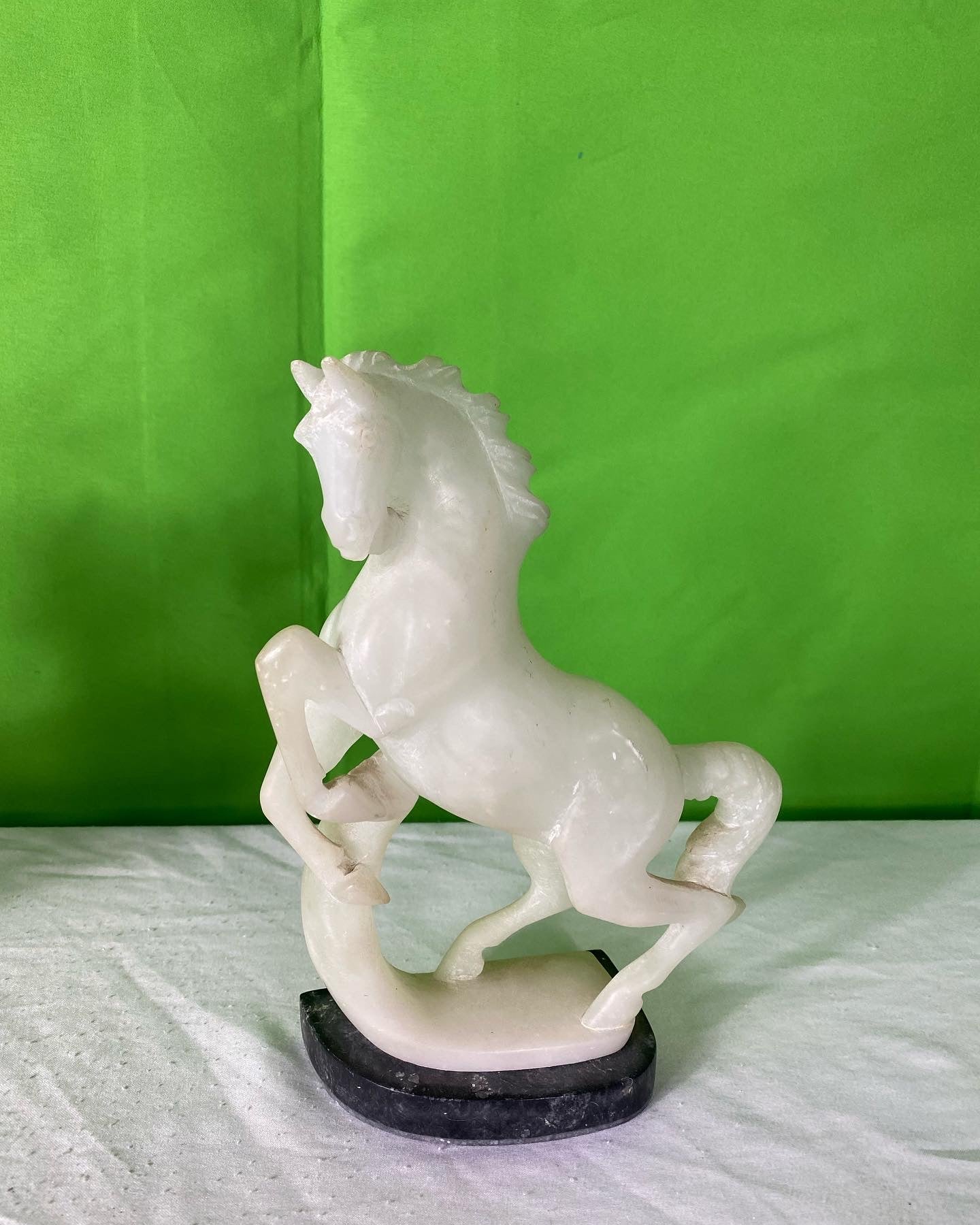 Pair Vintage Hand Carved Alabaster Stone Horse Bookends on Marble Bases