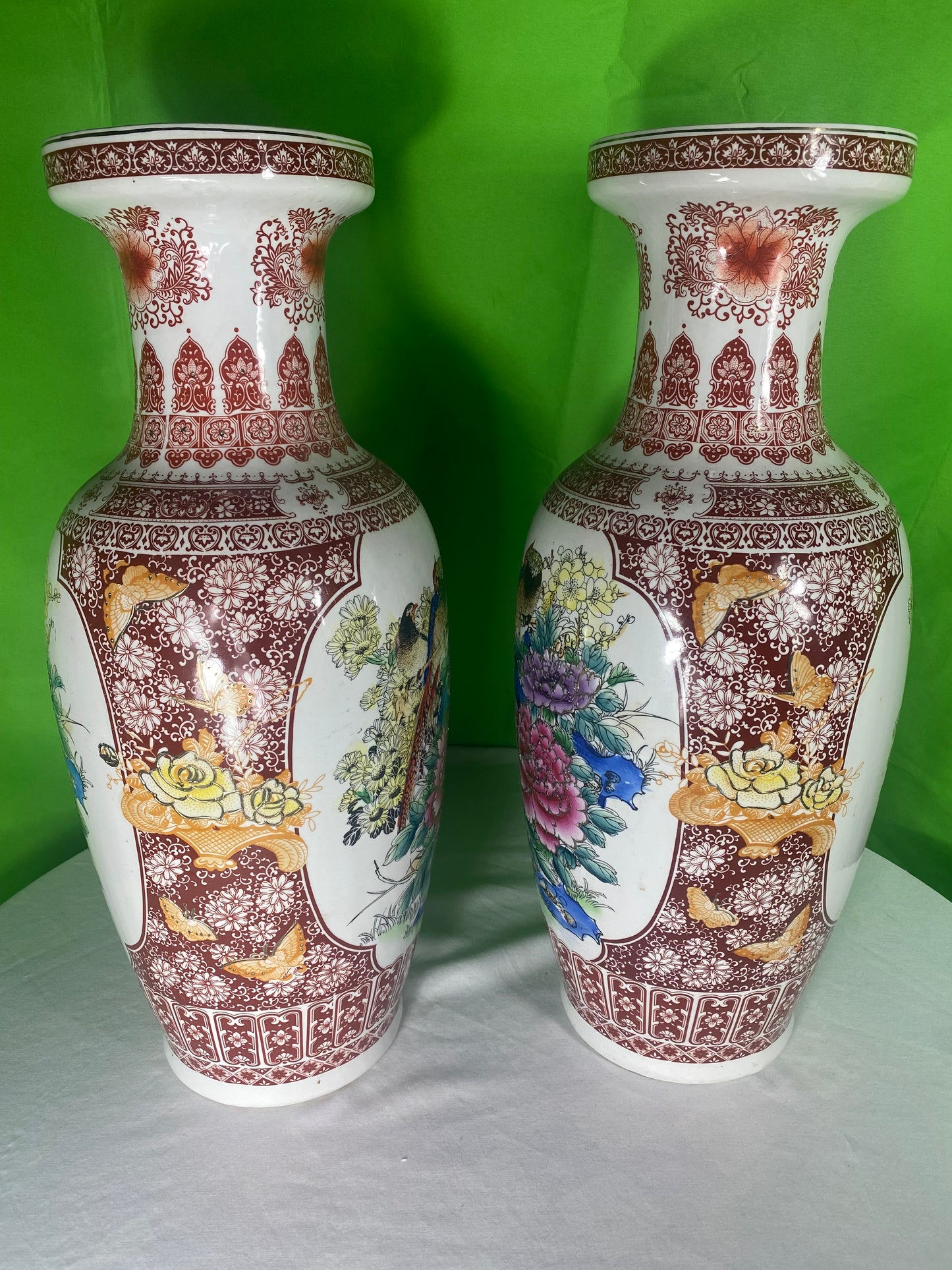 Two Very Large Asian Style Porcelain Vases With Peacocks