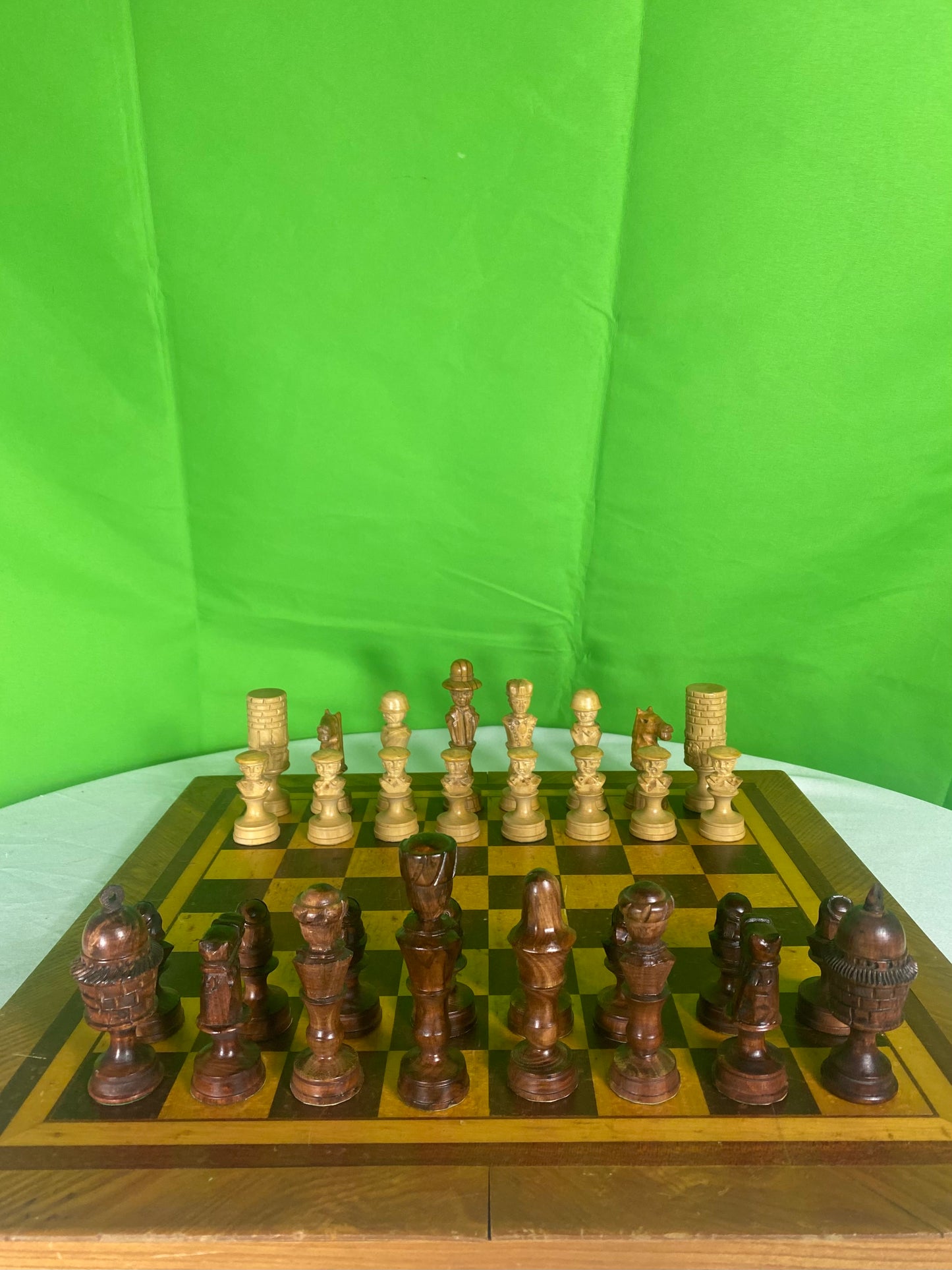 Incredible Vintage Chess Set - All Hand Carved Chess Set With Inlaid Chess Board