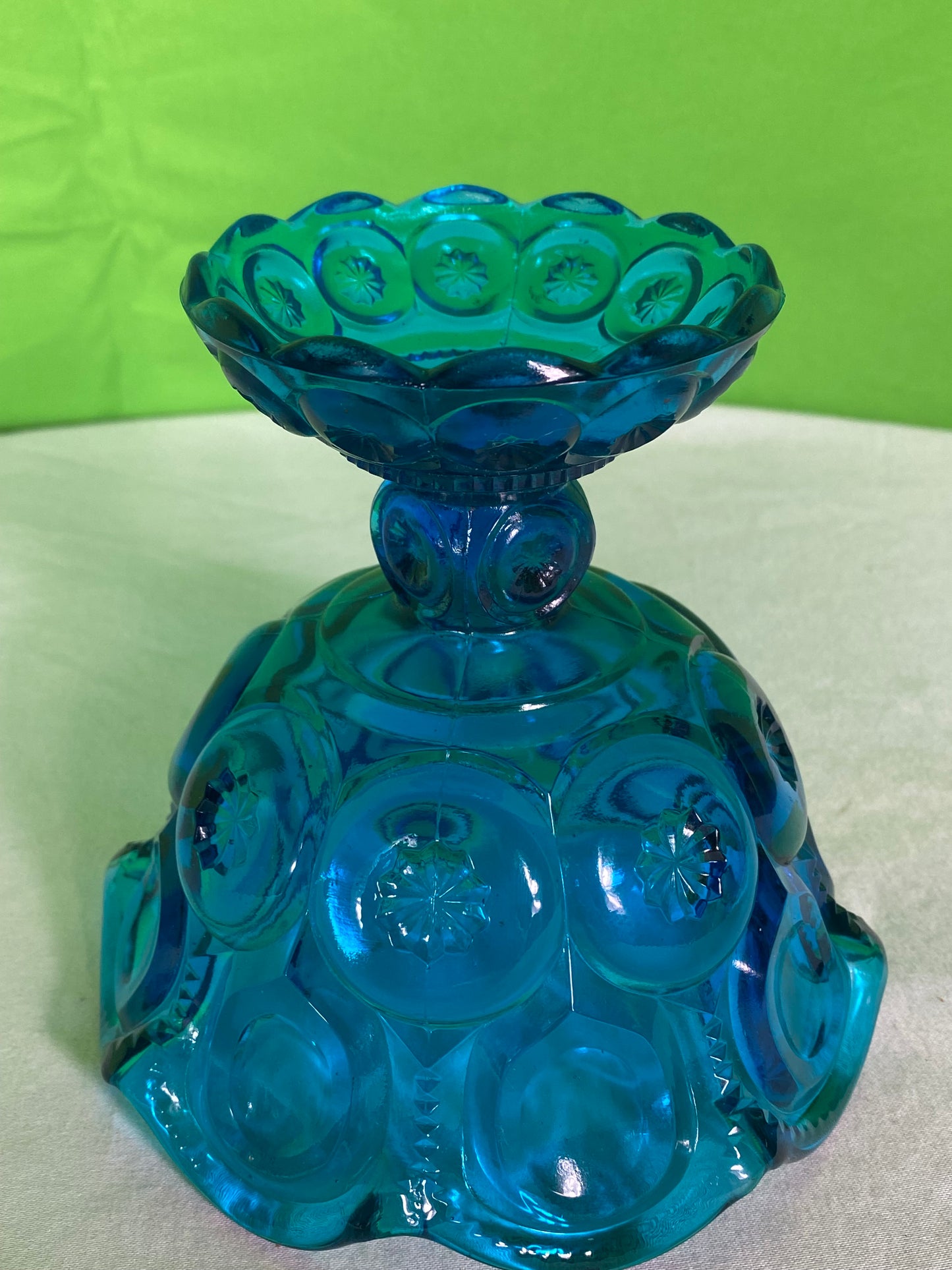 LE Smith Glass Moon And Stars Blue Round Ruffled Compote