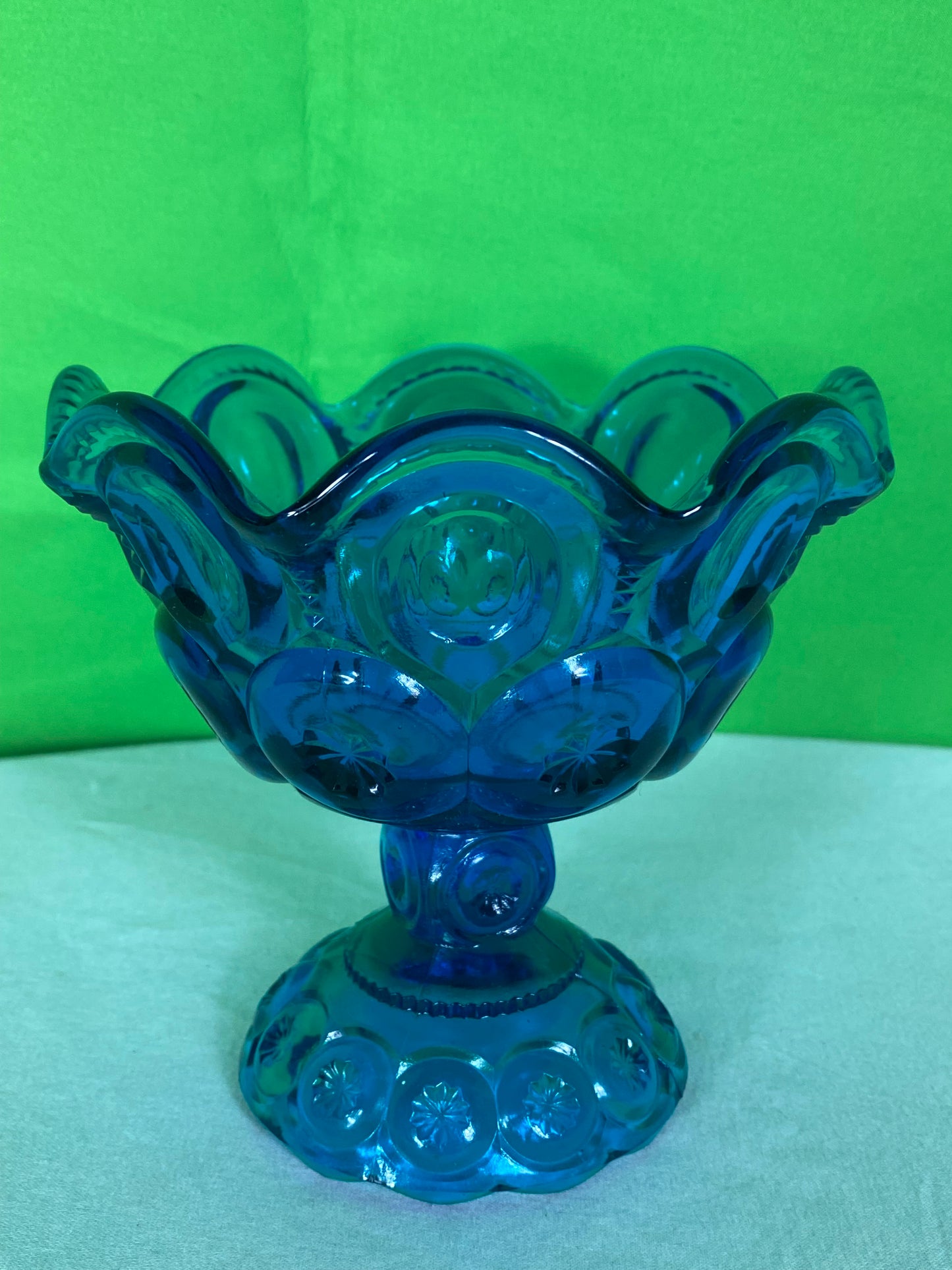 LE Smith Glass Moon And Stars Blue Round Ruffled Compote