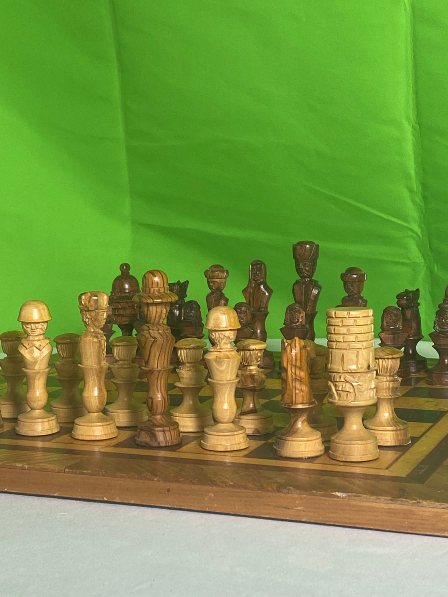 Incredible Vintage Chess Set - All Hand Carved Chess Set With Inlaid Chess Board