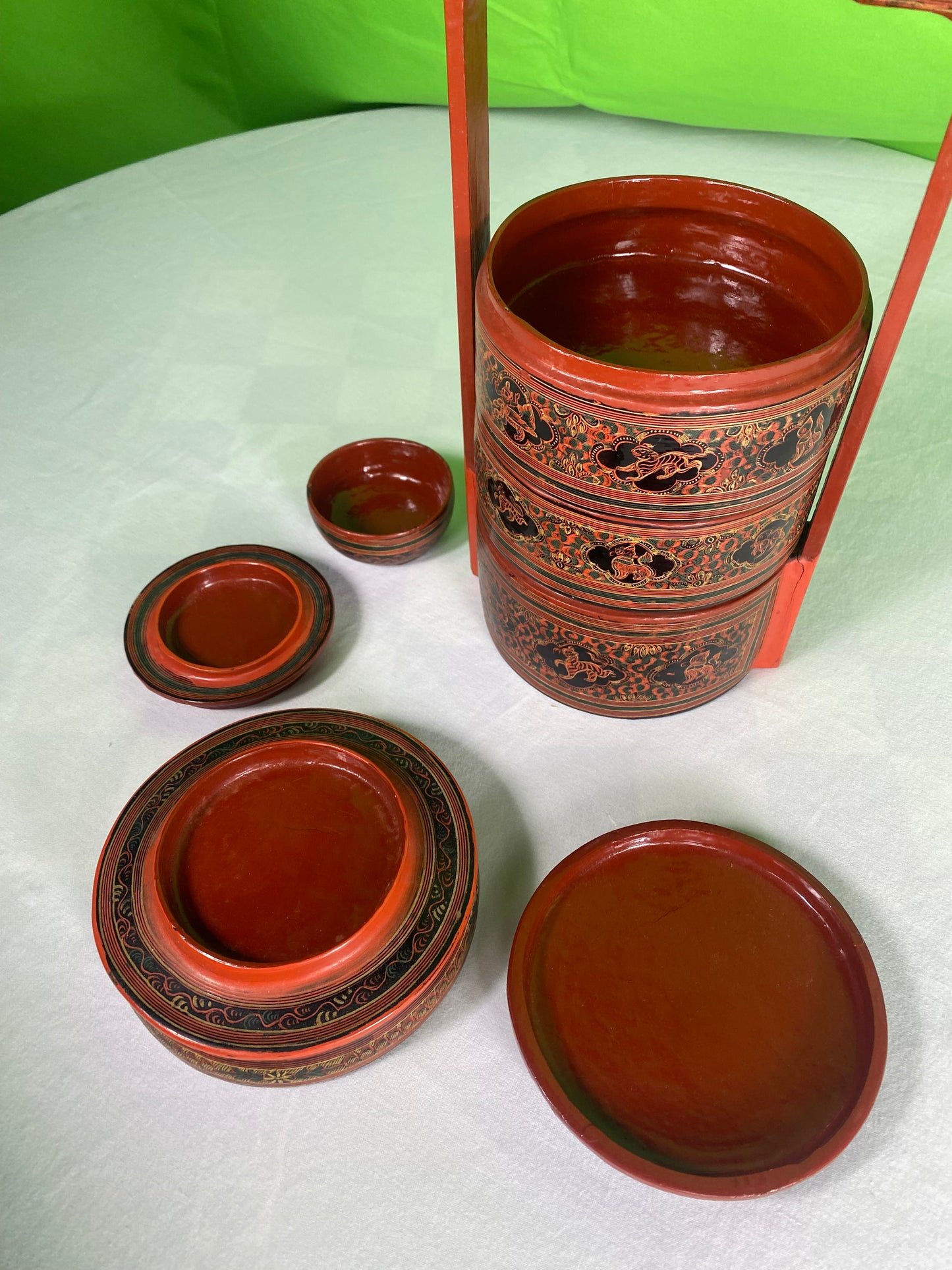 Vintage Red Finish Tibetan Wedding Basket with Detailed Lacquer