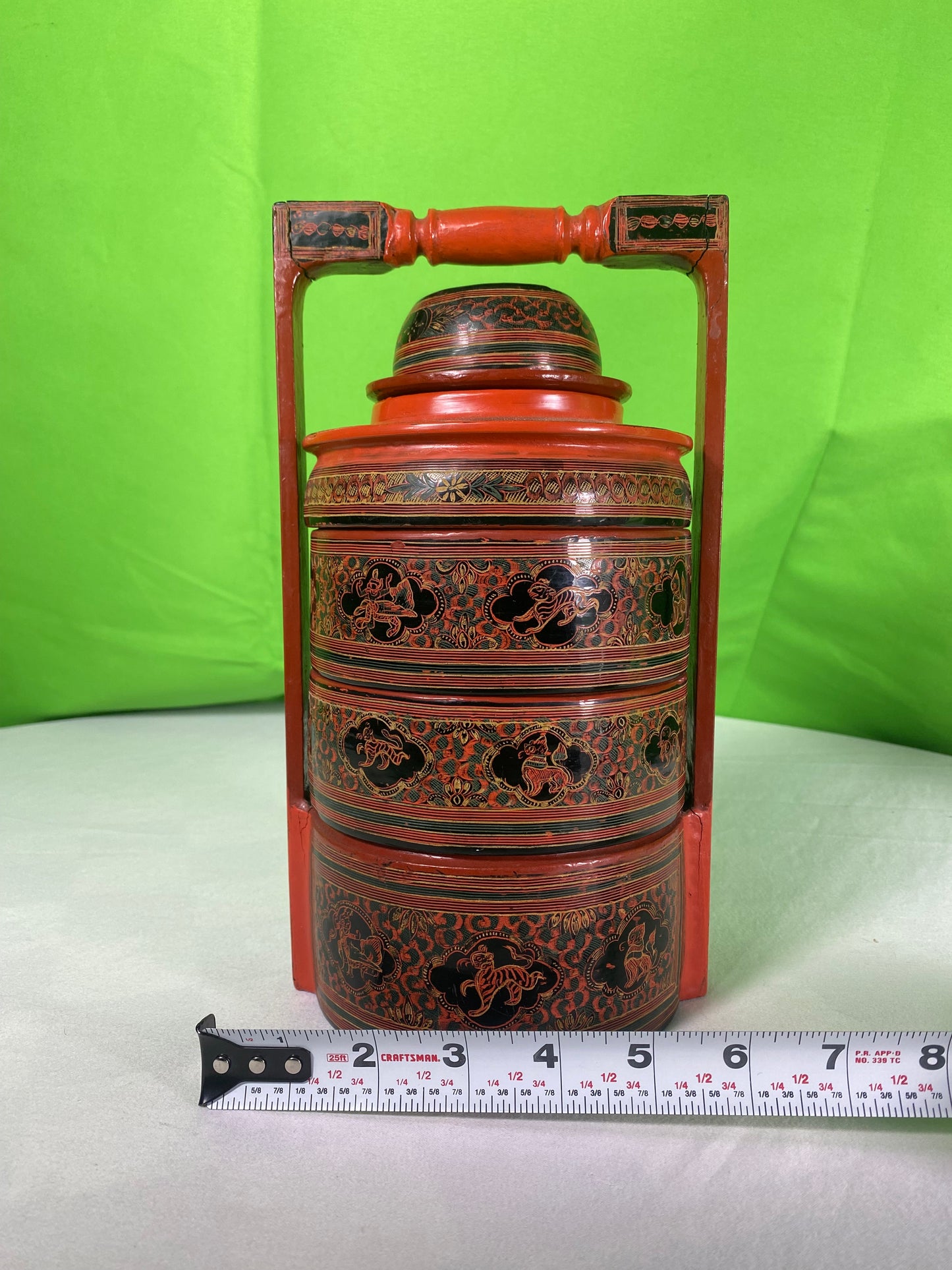 Vintage Red Finish Tibetan Wedding Basket with Detailed Lacquer