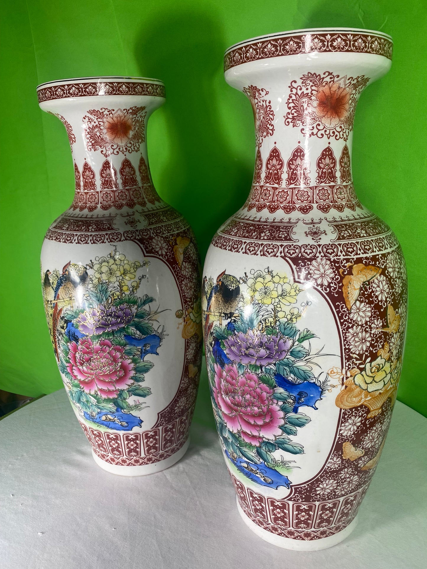 Two Very Large Asian Style Porcelain Vases With Peacocks