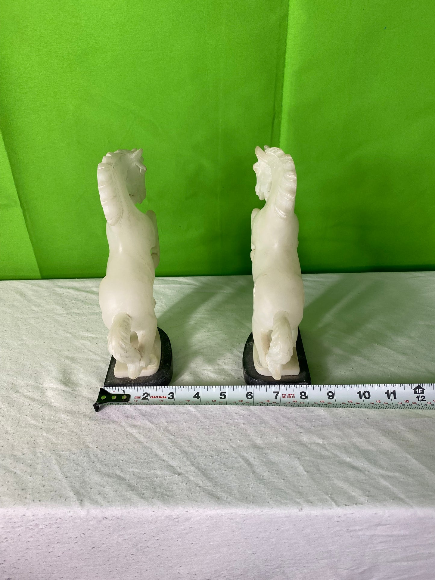 Pair Vintage Hand Carved Alabaster Stone Horse Bookends on Marble Bases