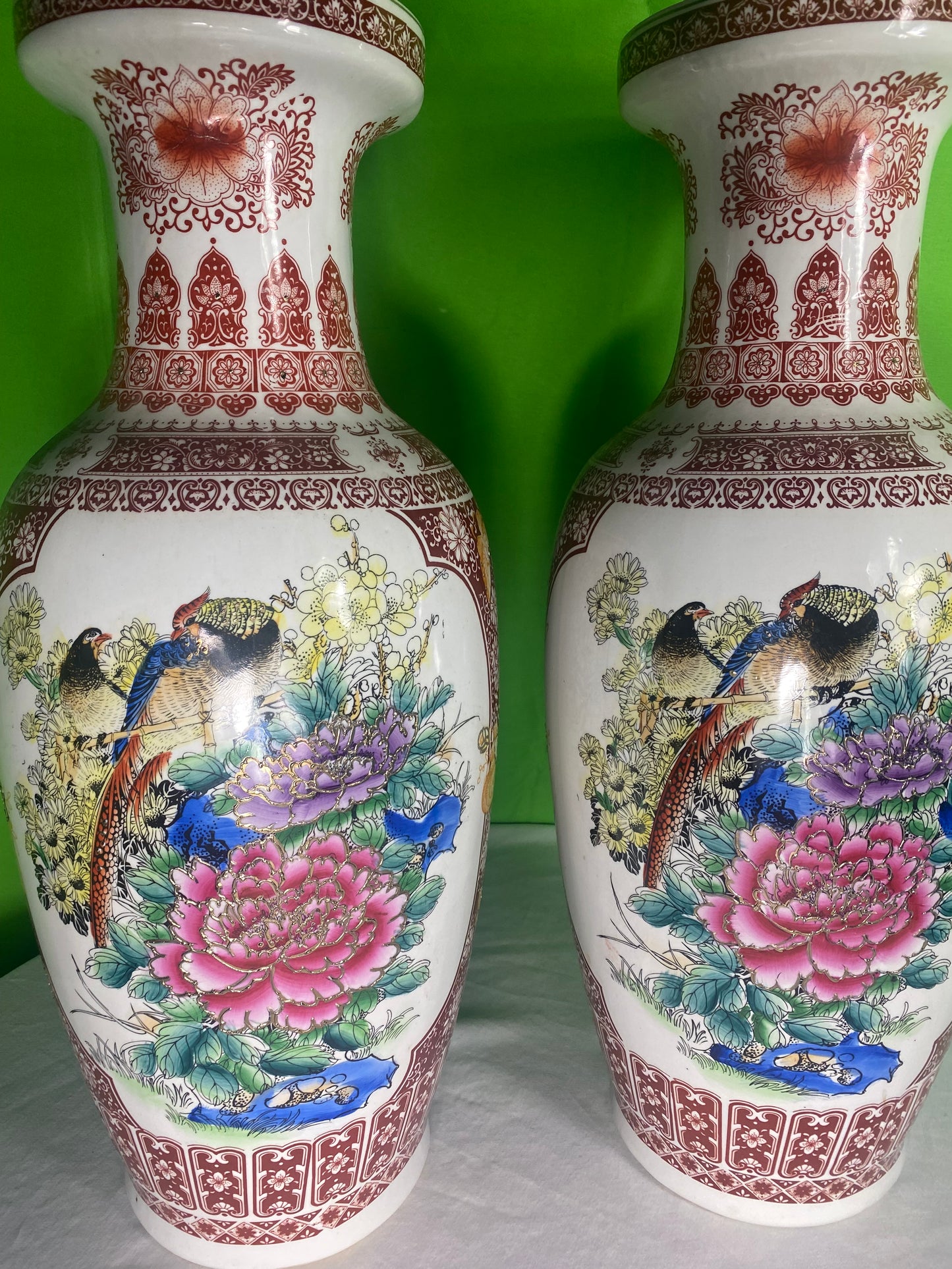 Two Very Large Asian Style Porcelain Vases With Peacocks