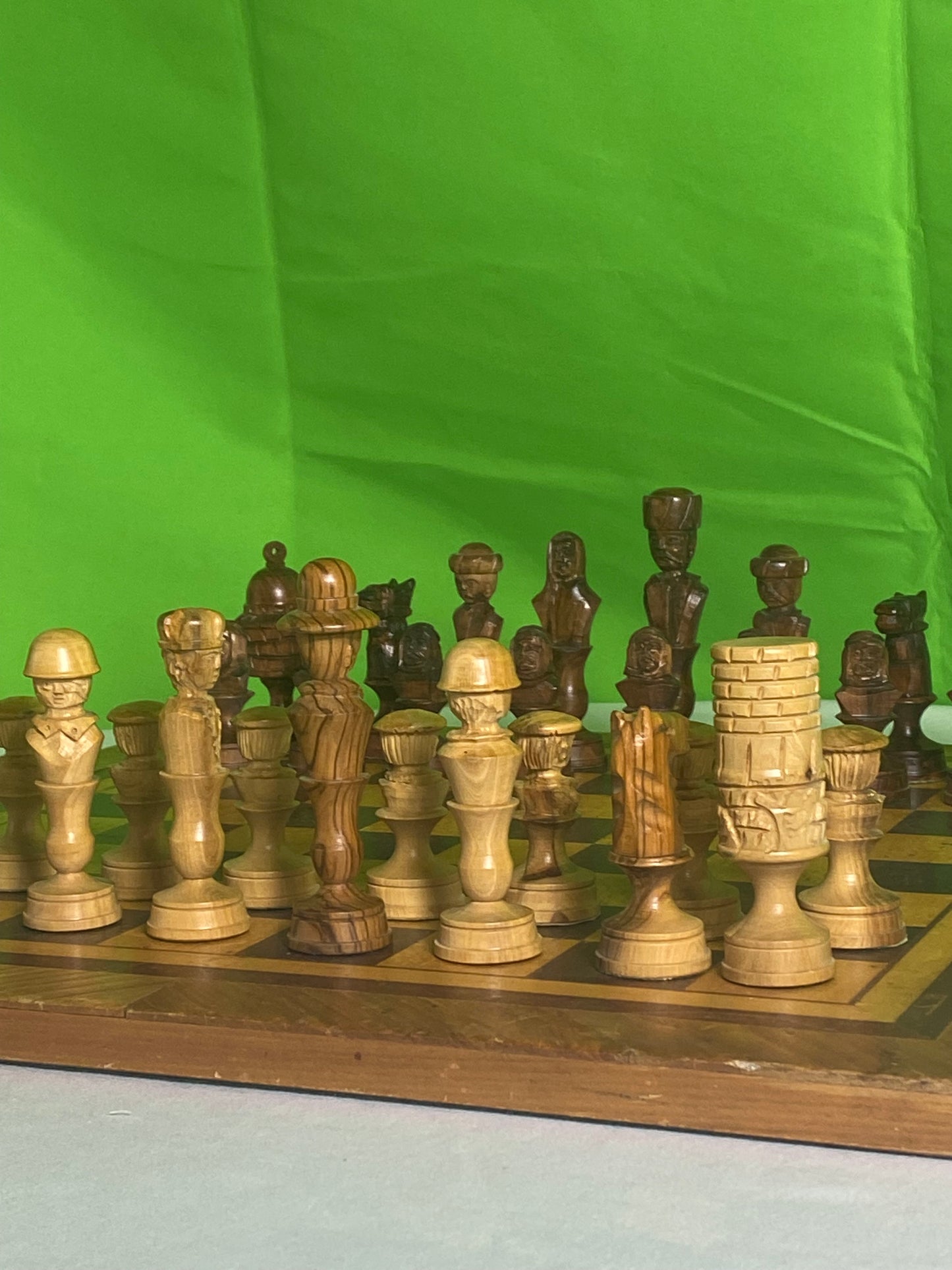 Incredible Vintage Chess Set - All Hand Carved Chess Set With Inlaid Chess Board