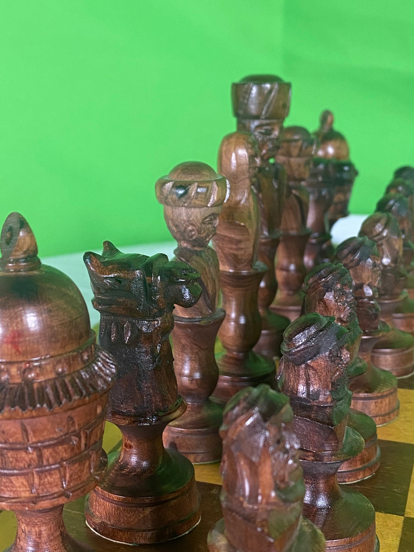 Incredible Vintage Chess Set - All Hand Carved Chess Set With Inlaid Chess Board