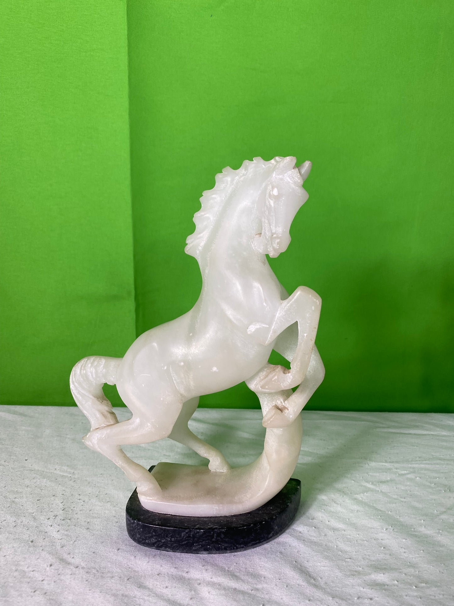 Pair Vintage Hand Carved Alabaster Stone Horse Bookends on Marble Bases