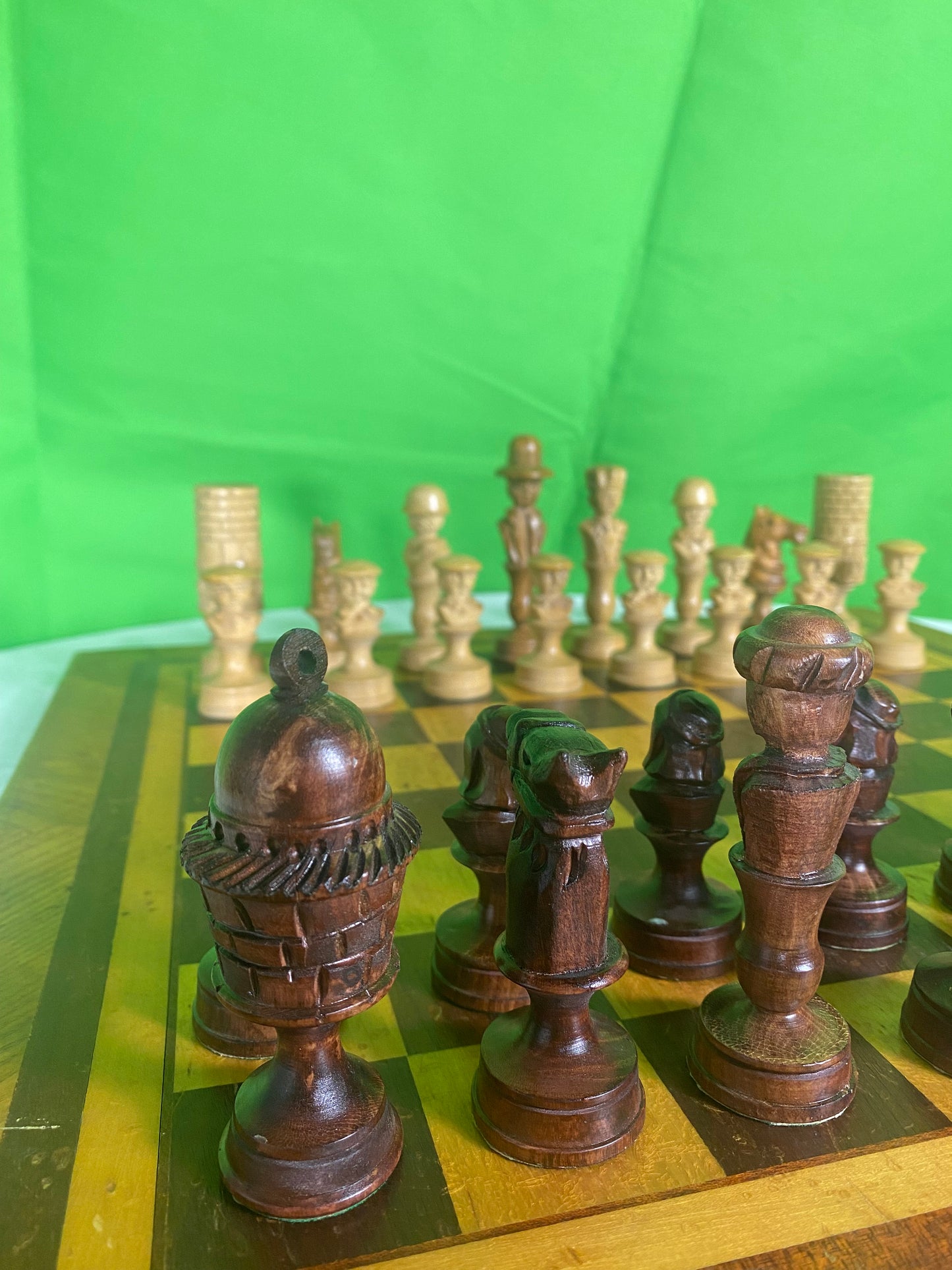 Incredible Vintage Chess Set - All Hand Carved Chess Set With Inlaid Chess Board