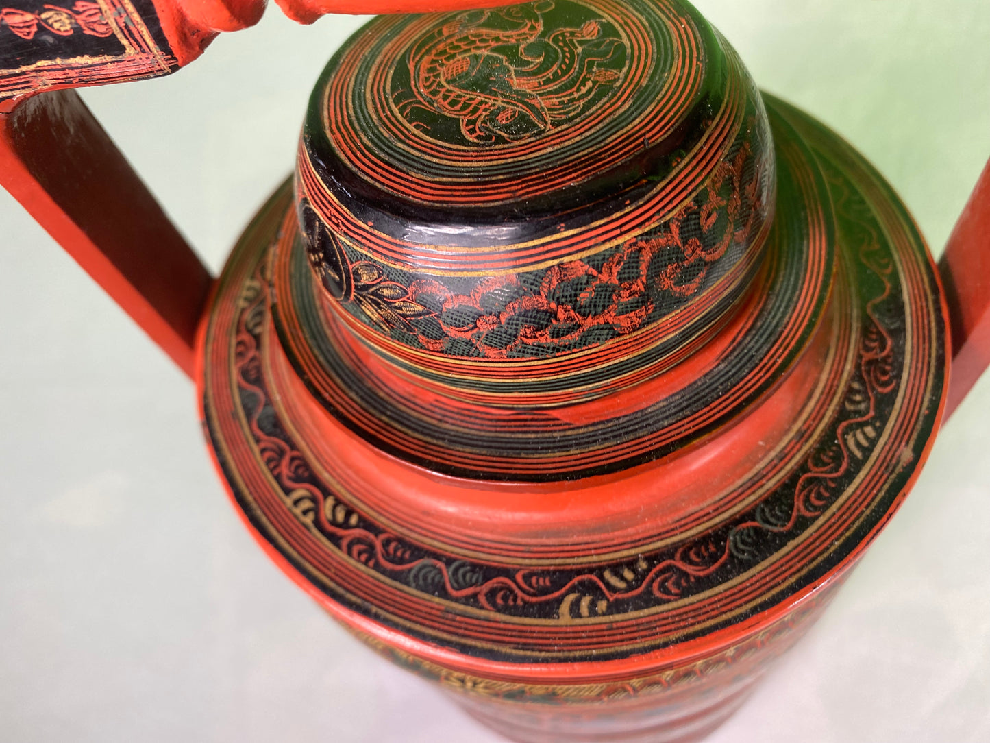 Vintage Red Finish Tibetan Wedding Basket with Detailed Lacquer