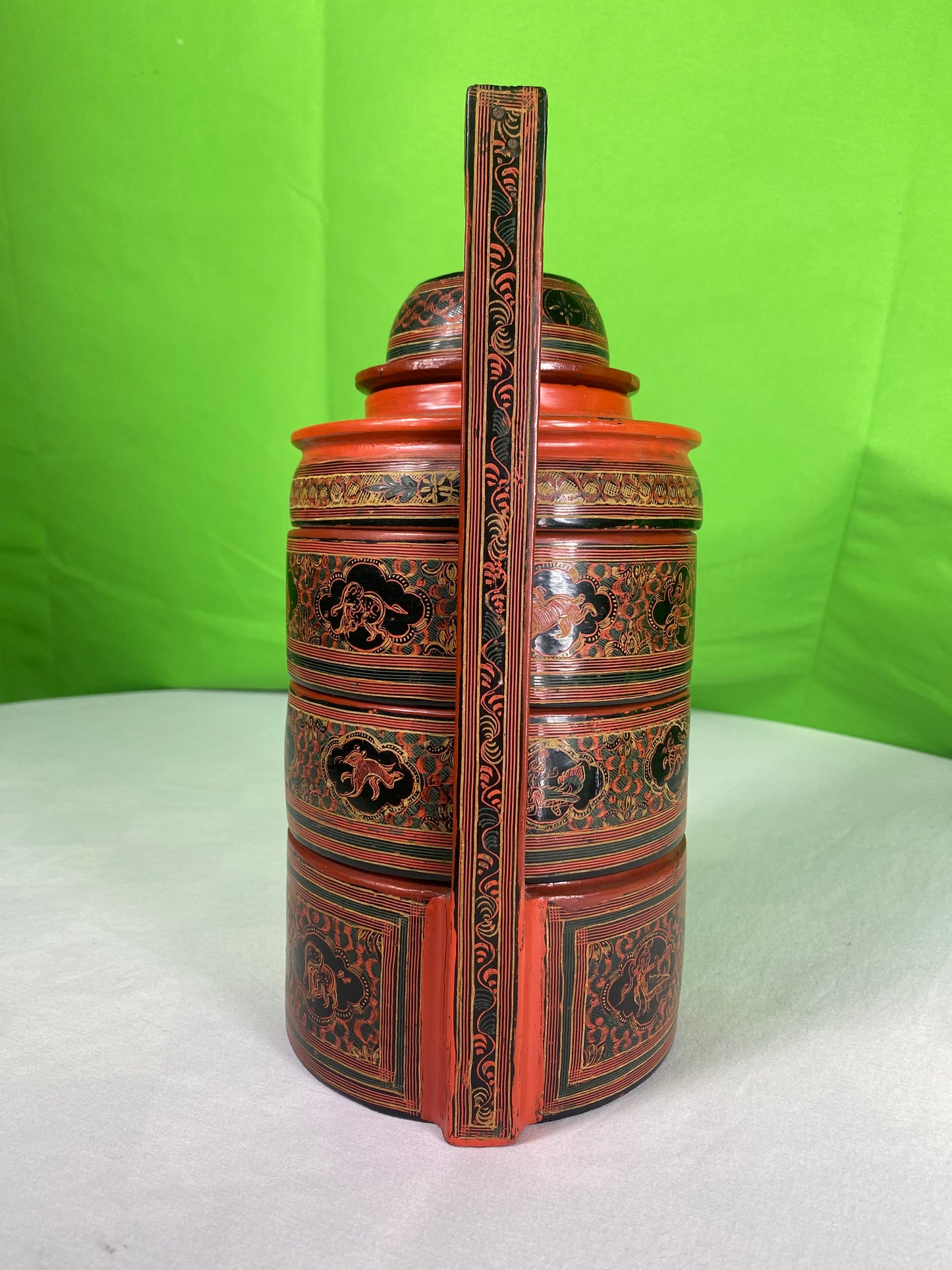 Vintage Red Finish Tibetan Wedding Basket with Detailed Lacquer