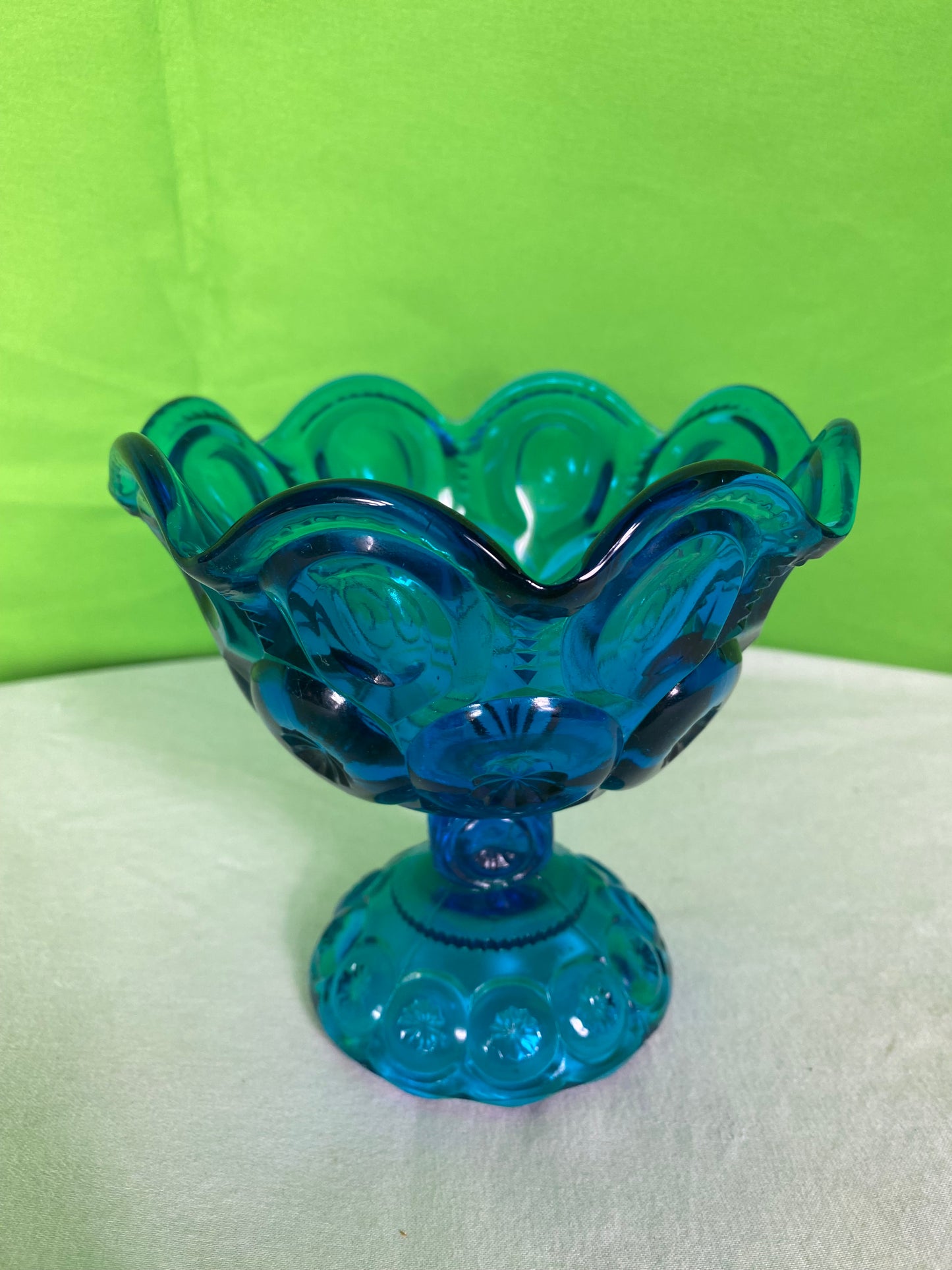 LE Smith Glass Moon And Stars Blue Round Ruffled Compote