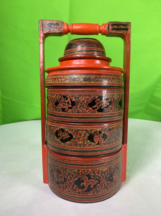 Vintage Red Finish Tibetan Wedding Basket with Detailed Lacquer