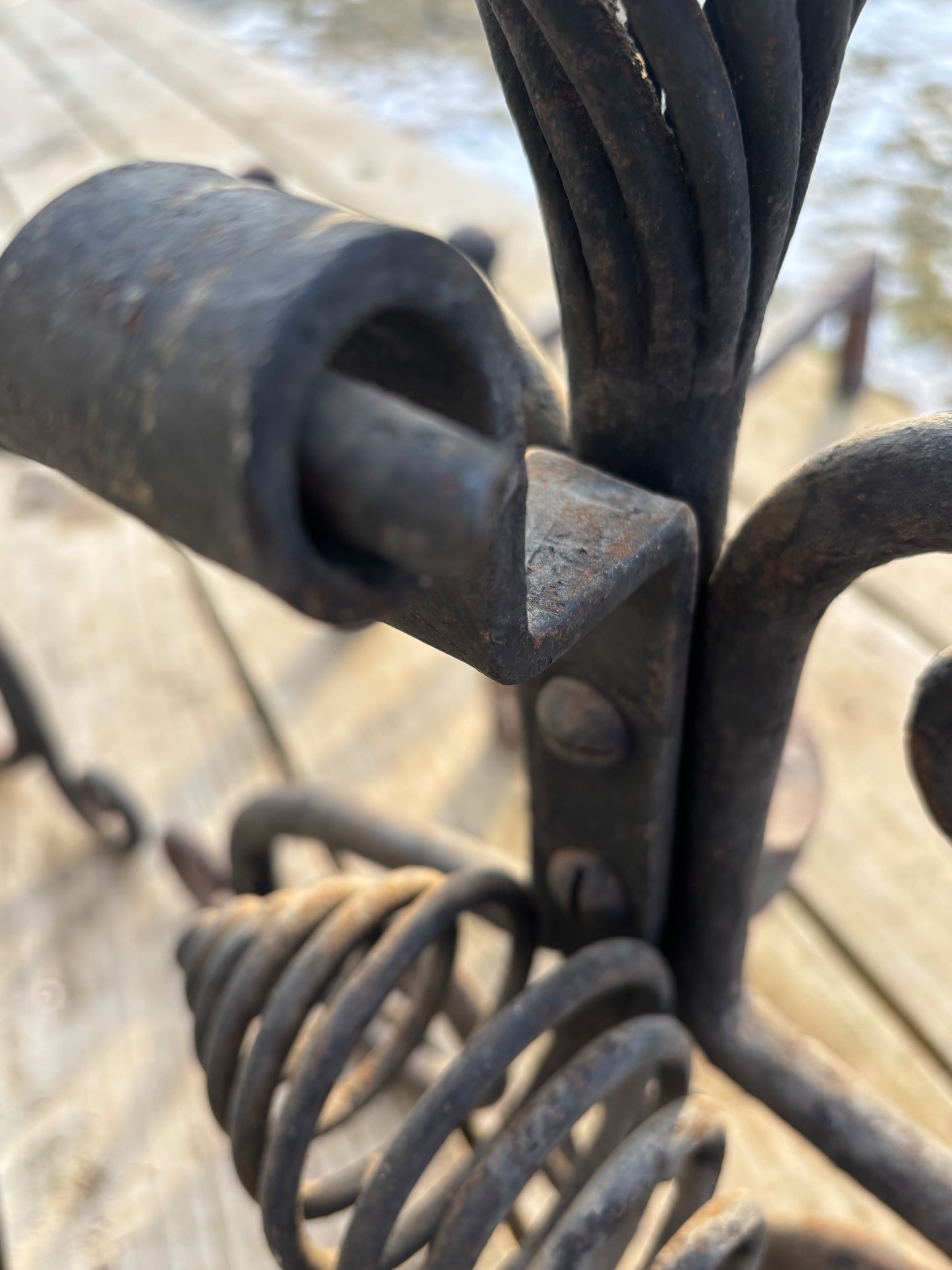 Pair of Vintage Andirons Hand Hammered Wrought Iron Spiral Finials