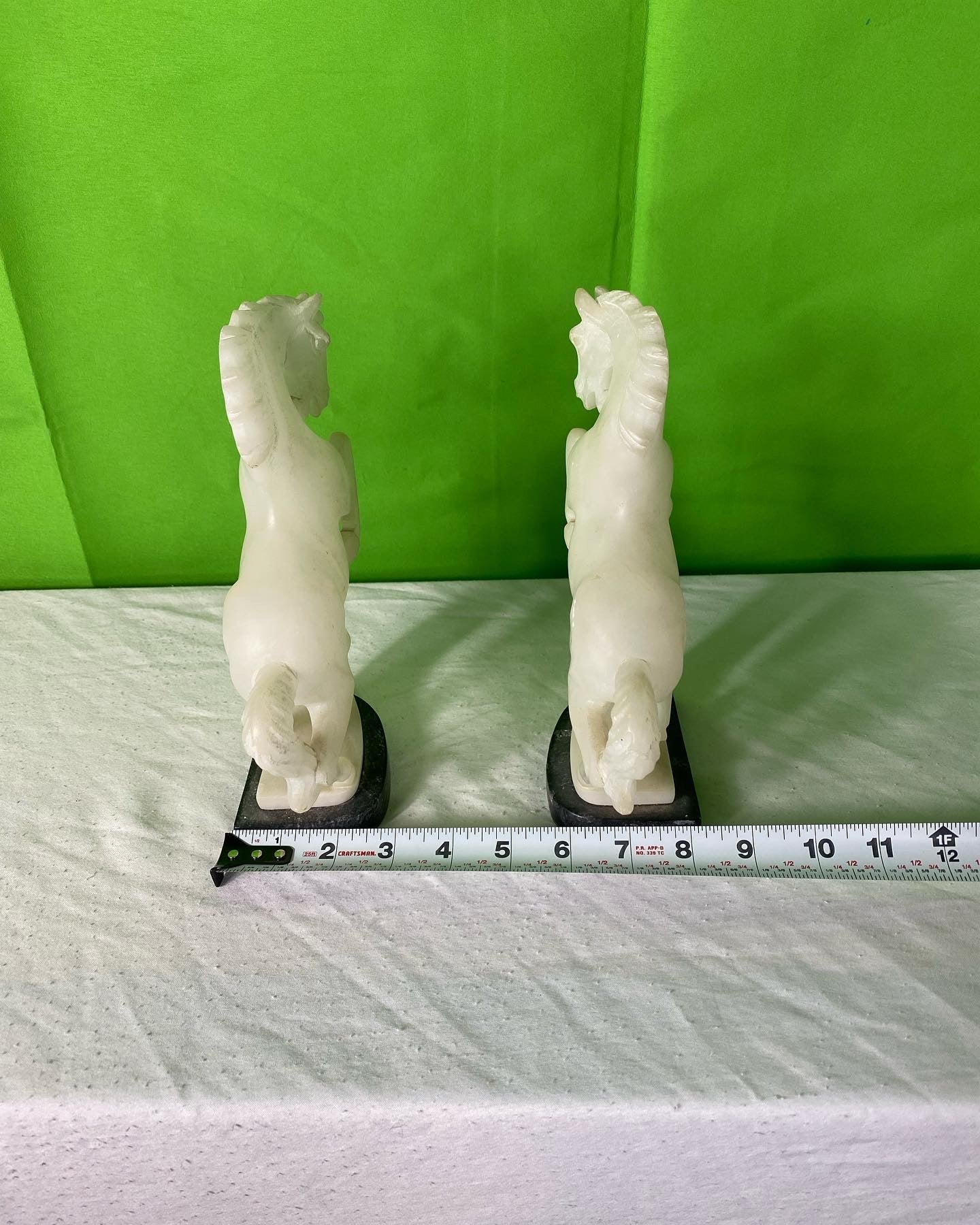 Pair Vintage Hand Carved Alabaster Stone Horse Bookends on Marble Bases