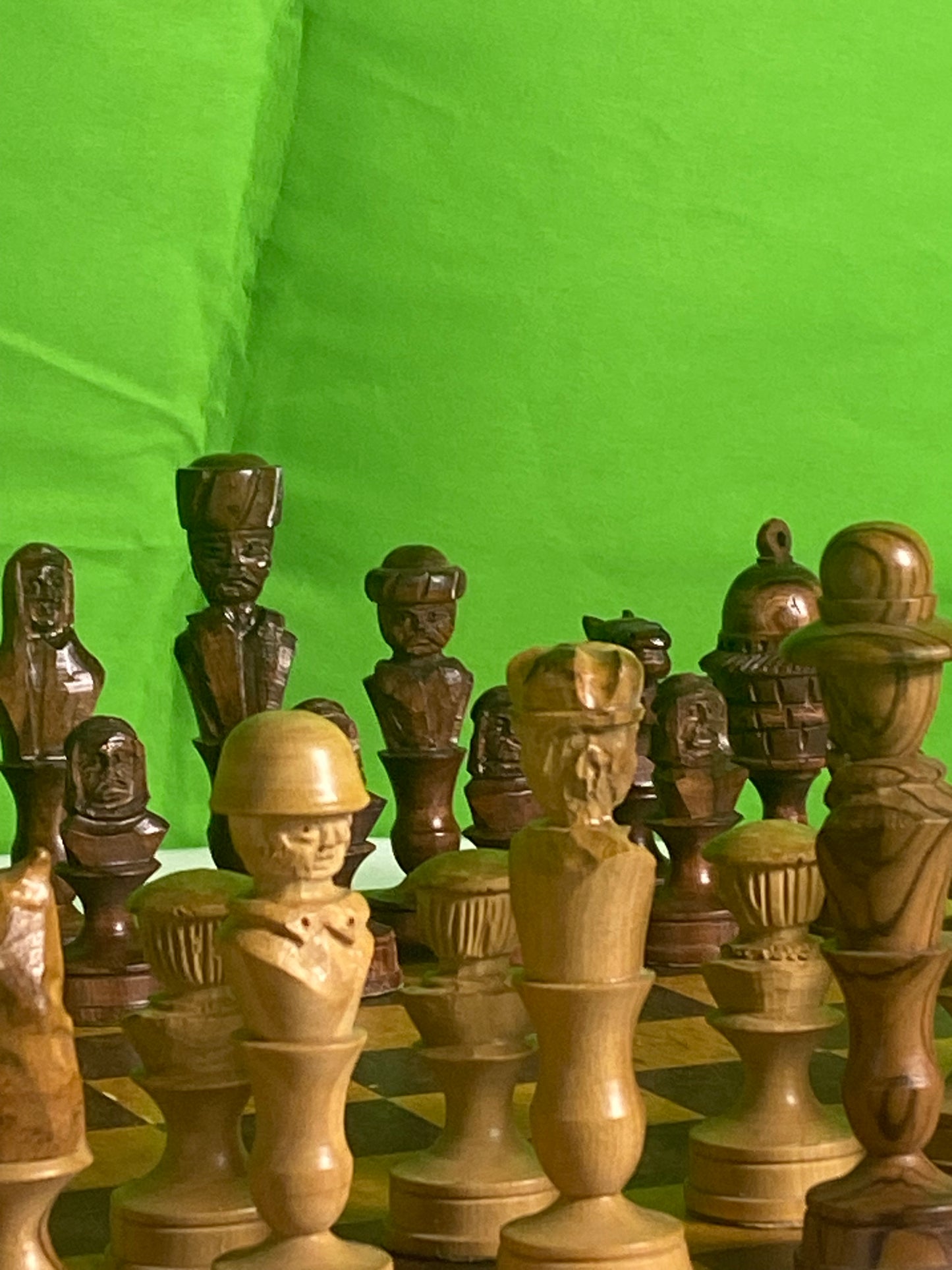 Incredible Vintage Chess Set - All Hand Carved Chess Set With Inlaid Chess Board